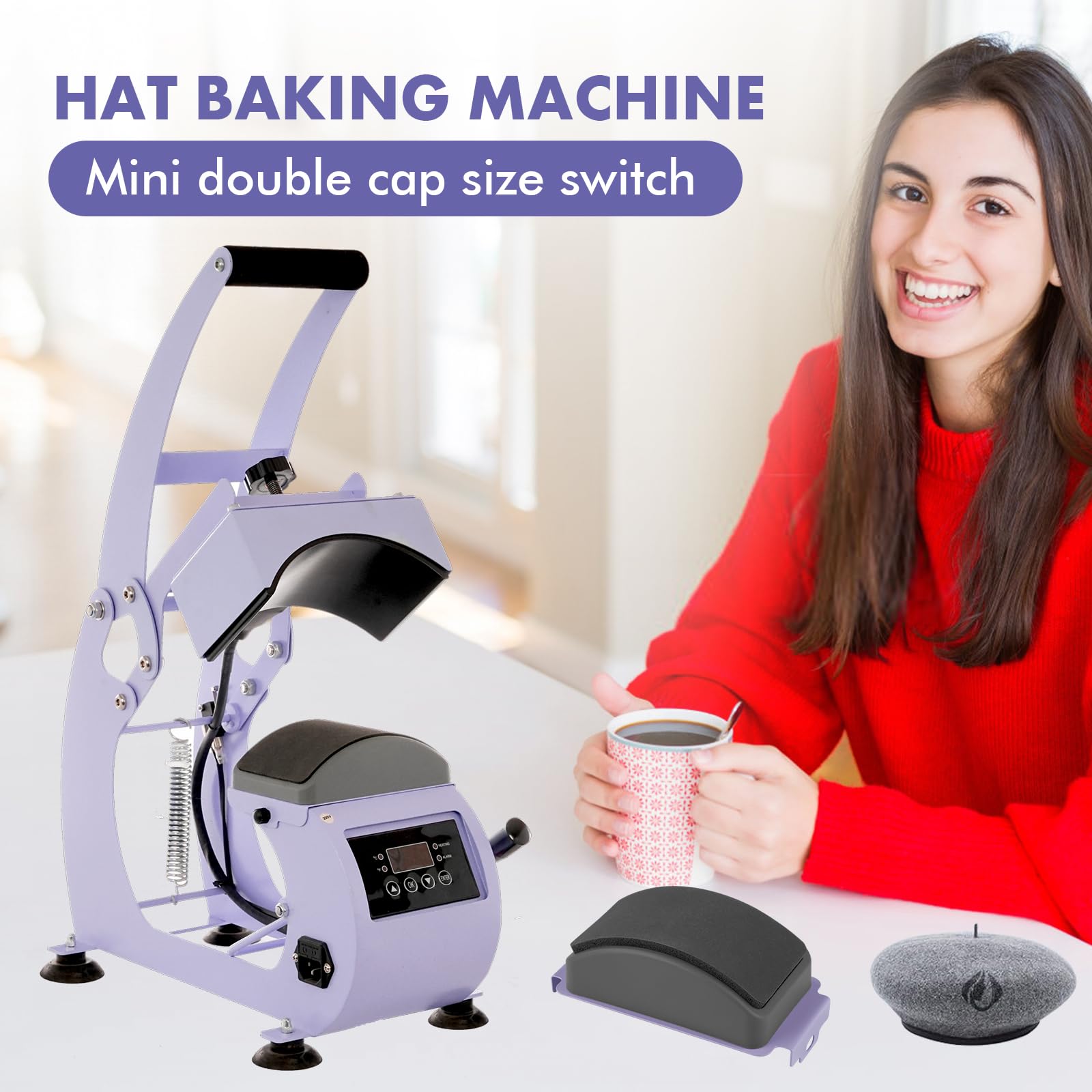 Prensa de Calor para Sombreros, 9,5 x 15 cm Máquina de Prensa de Calor, Rotación de 360 °, Anti-Adhesiva Prensa de Impresión para Sombreros Prensa Automática para Nailon, Lino, Hilo