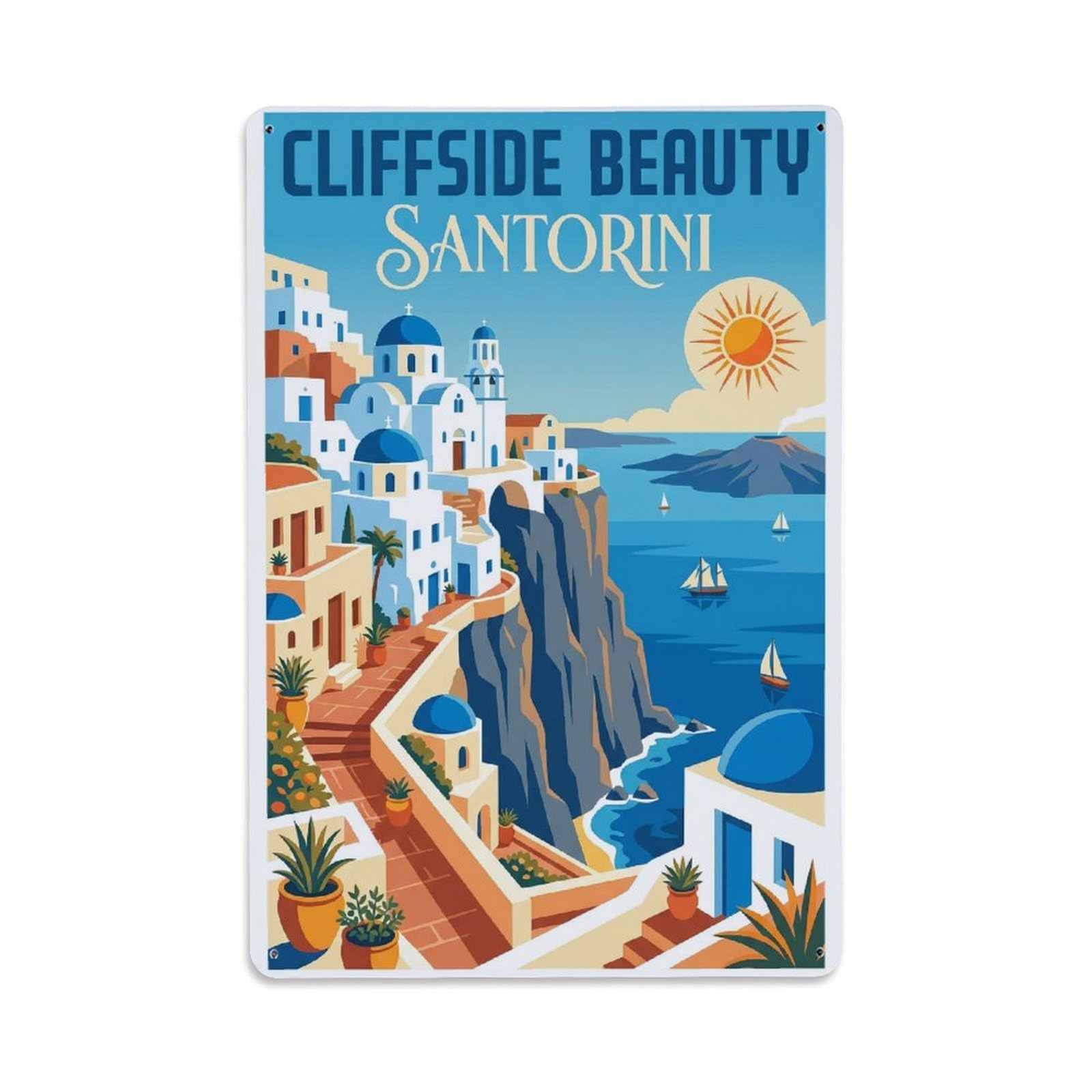 Gead 8X12inch Style Vintage Travel Santorini Cliffside Beauty Metal Tin Sign