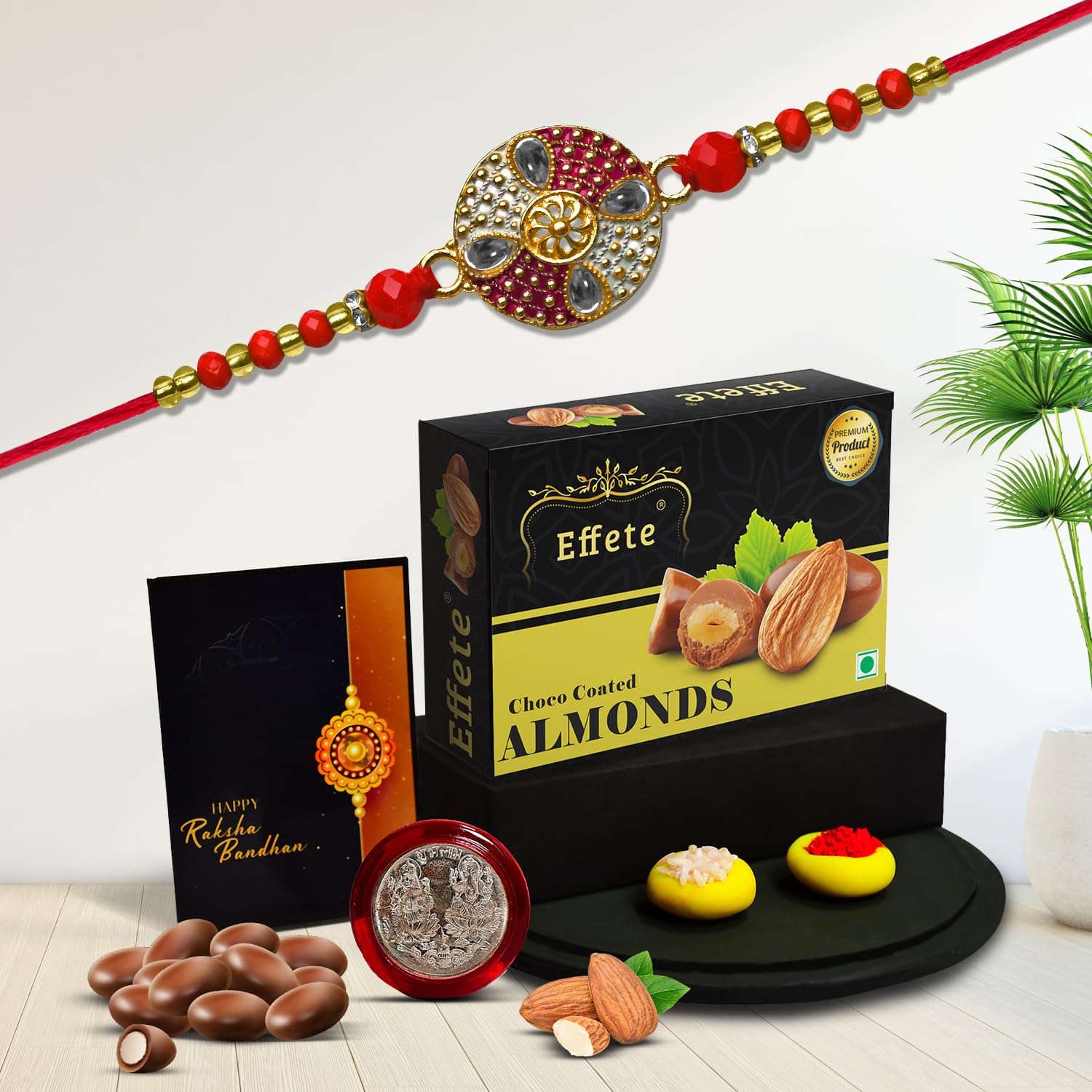 Garth (K1_751_CA32) Red and White Circular Rakhi Combo with Chocolate Almonds 32gm| Rakhi for brother with gift | Fancy Rakhis for men stylish |rakhi combo for brother | Set of 1 Rakhi |-image-1