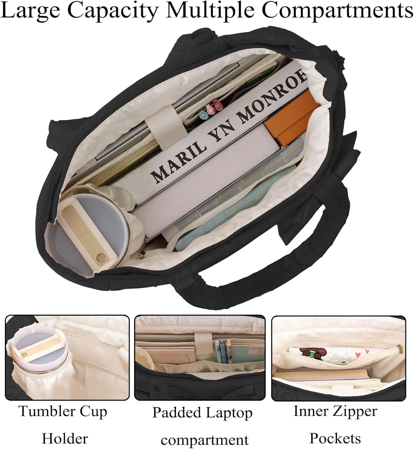 Puffer Tote Bag for Women, Quilted Bow Tote Bag with Cup Holder & 15.6 In Laptop Compartment for Work, Travel, Gym, College - Image 4