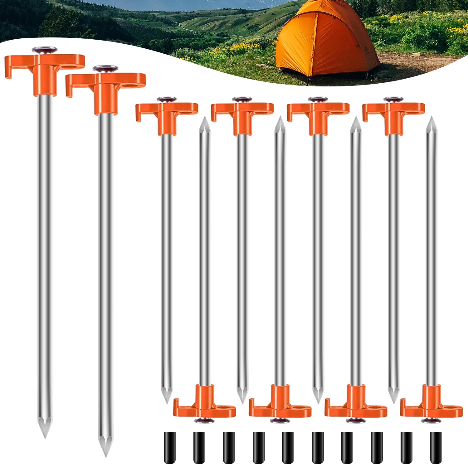 TEOYNGU 10PCS Tent Stakes Heavy Duty Camping Tent Stakes 7Inch Non-Rust Metal Tent Pegs with 10pcs Rubber Protective Sleeve (Orange)