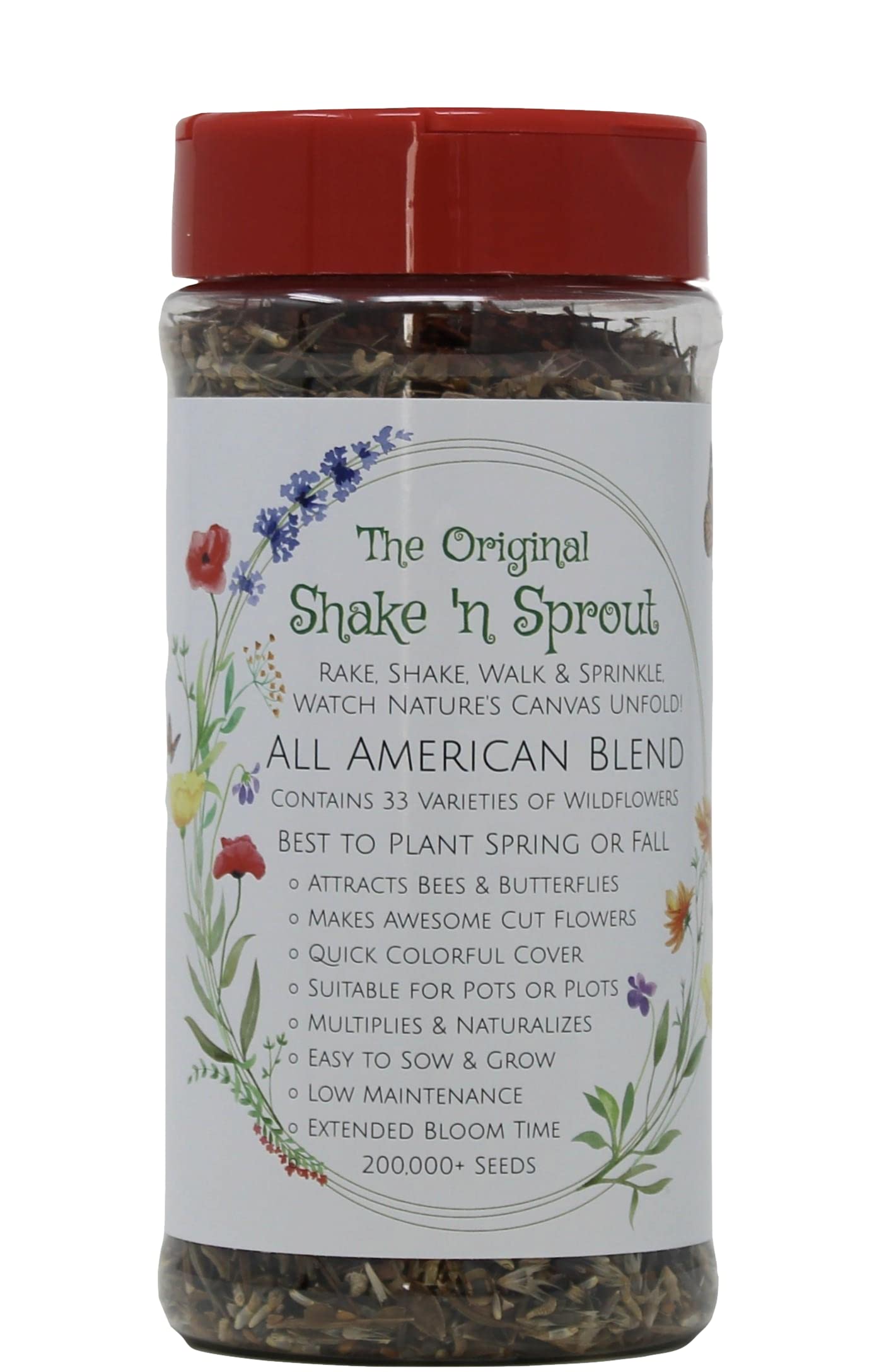 Shake N Sprout Premium Wildflower Seeds - All American Blend - 200,000+ 100% Non GMO Wildflower Seeds - 33 Wildflowers Varieties - Rake, Shake, Walk & Sprinkle! 100% Guaranteed to Germinate
