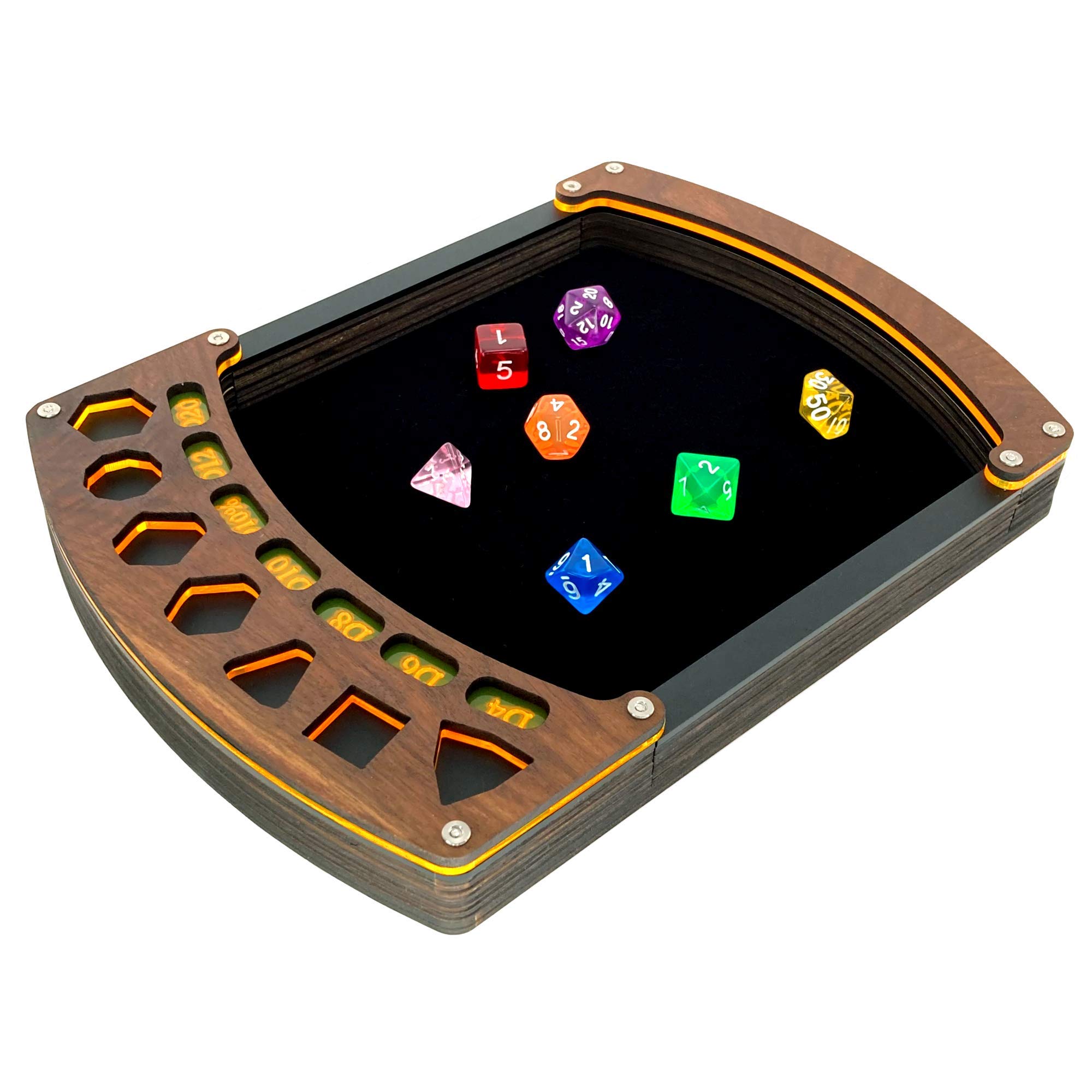 C4Labs Display Dice Tray with Genuine Walnut Top – Sunburst Orange - Black Velvet