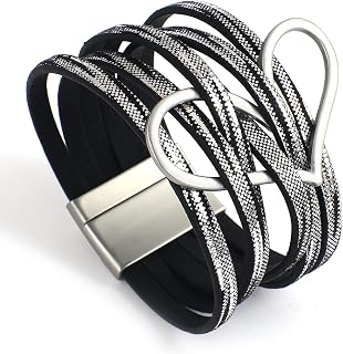 Leather Boho Bracelets for Women Wrap Bracelet Christmas Gifts Handmade Cuff Hollow Heart Aesthetic Multilayer Stackable Friendship Wristband