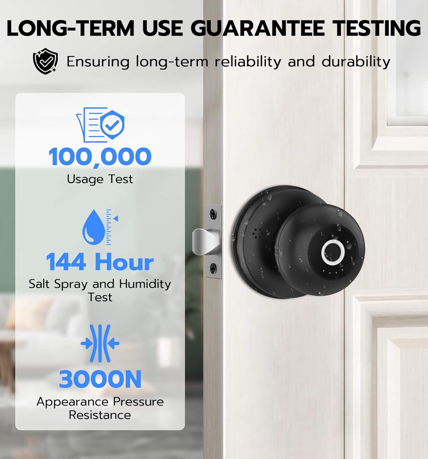 Diagram showing the internal battery compartment of the Anweller Q1 Smart Door Knob, indicating it uses 4 AAA batteries and has low power consumption for 180+ days of standby time.