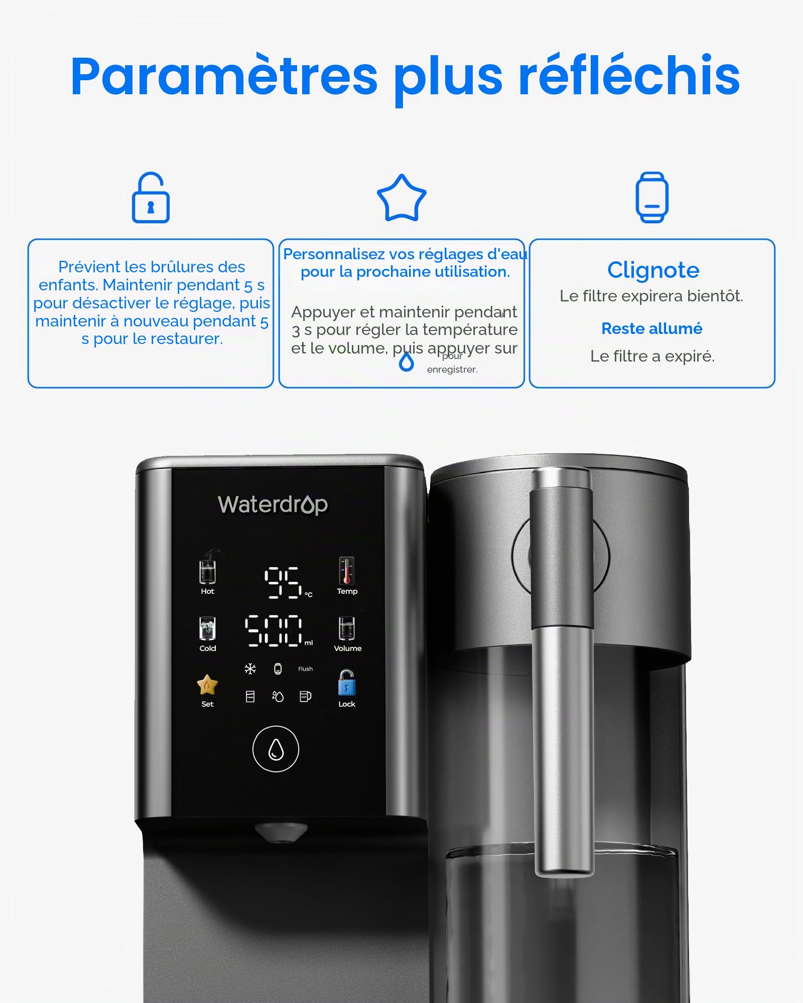 Waterdrop WD-A2G Système d’Osmose Inverse de Comptoir Minéralisée, Eau Chaude et Froide, Fontaine Sans Bouteille, Réservoir Portable, 6 Températures, Ratio 3:1