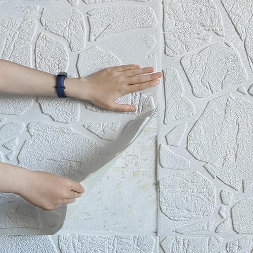 Miniatura 3 de HLCUI Papel pintado de ladrillo 3D autoadhesivo, paquete de 10 unidades, color blanco, 27.6 x 27.6in, moderno, impermeable, con aspecto de piedra,