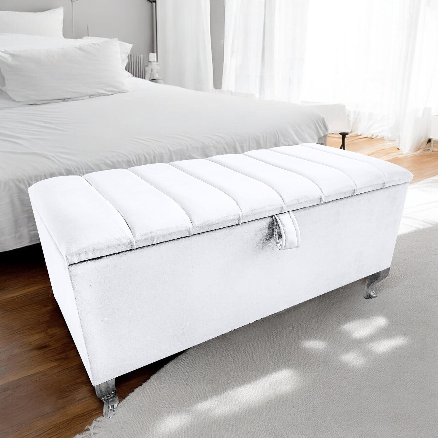 Harveys Living 102cm Panel Velvet Storage Ottoman, Silver Legs, Silver Legs, White