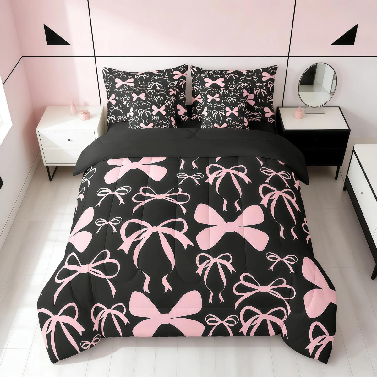 Feelyou Bow Bedding Set for All Season Boys Girls Full Size Black Pink Girls Bow 7 Pieces Comforter Sets Women Men Cute Bowknot Bed in a Bag with Comforter, Sheets, Pillowcases & Cushion Cover