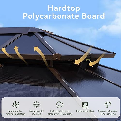 Vista 5 de Aoxun - Gazebo con techo rígido para jardines, patios con cemento o césped, pabellón permanente de policarbonato con doble techo, marco de aluminio
