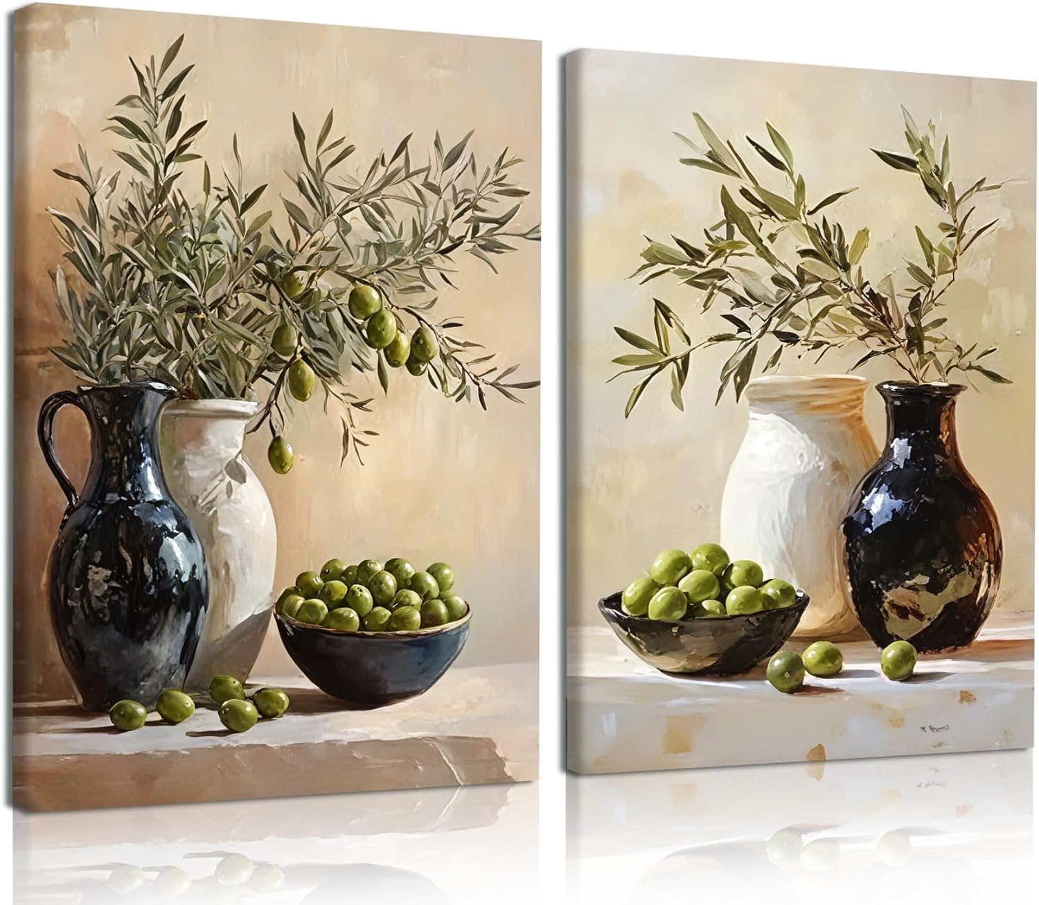 EEYNAQQ 2Pcs Olive Still Life Canvas Wall Art Vintage Rustic Printed Poster Prints 16x24 Inch Oil Painting Style Botanical Artwork Wall Decor for Kitchen Dining Room Living Room