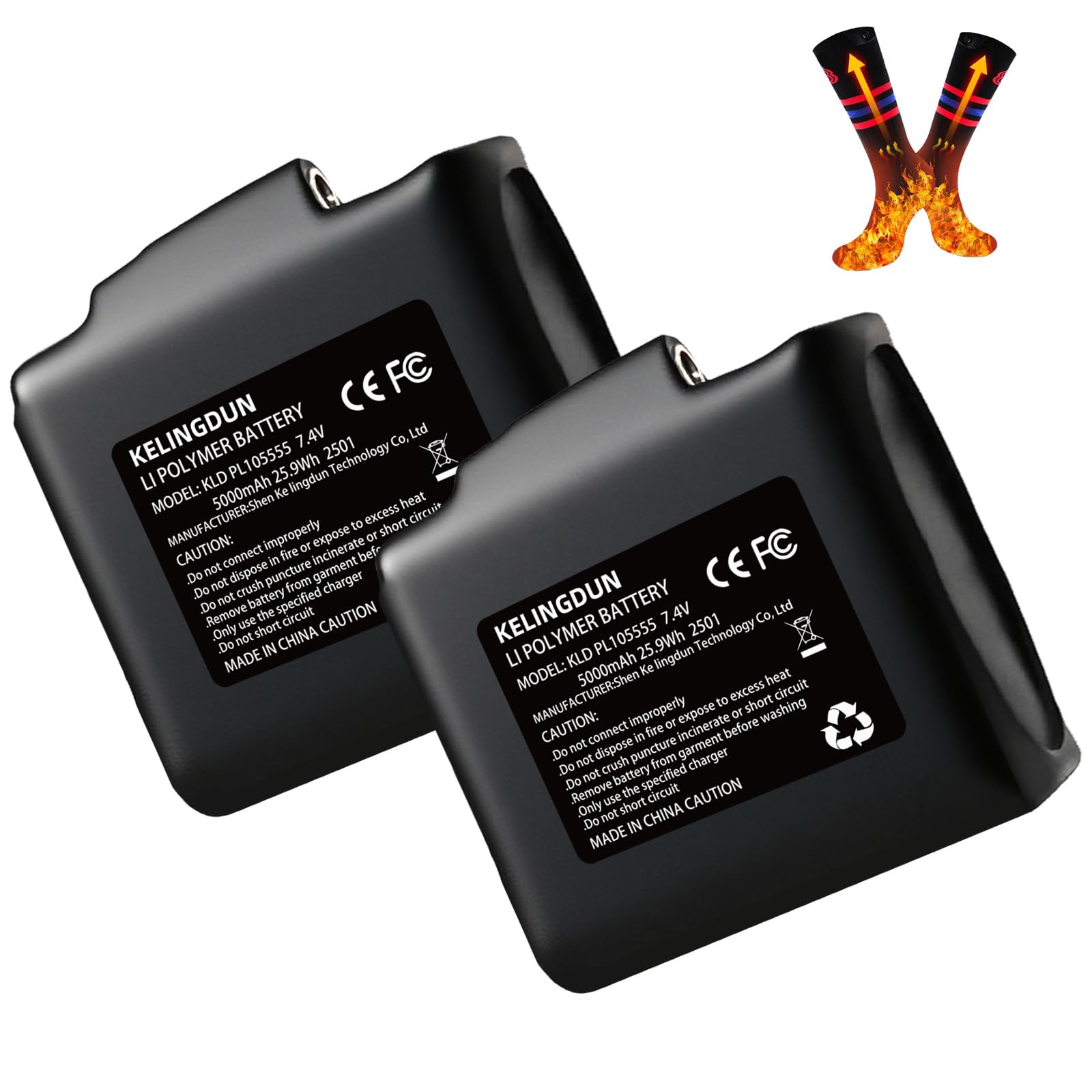 2pcs 5000mAh 7.4V Lithium Polymer Batteries.Rechargeable Li-Polymer Batteries for Heated Gloves, Socks,and Jackets, Ideal for Skiing,Fishing,and Winter Sports. Female DC Jack Compatibility.