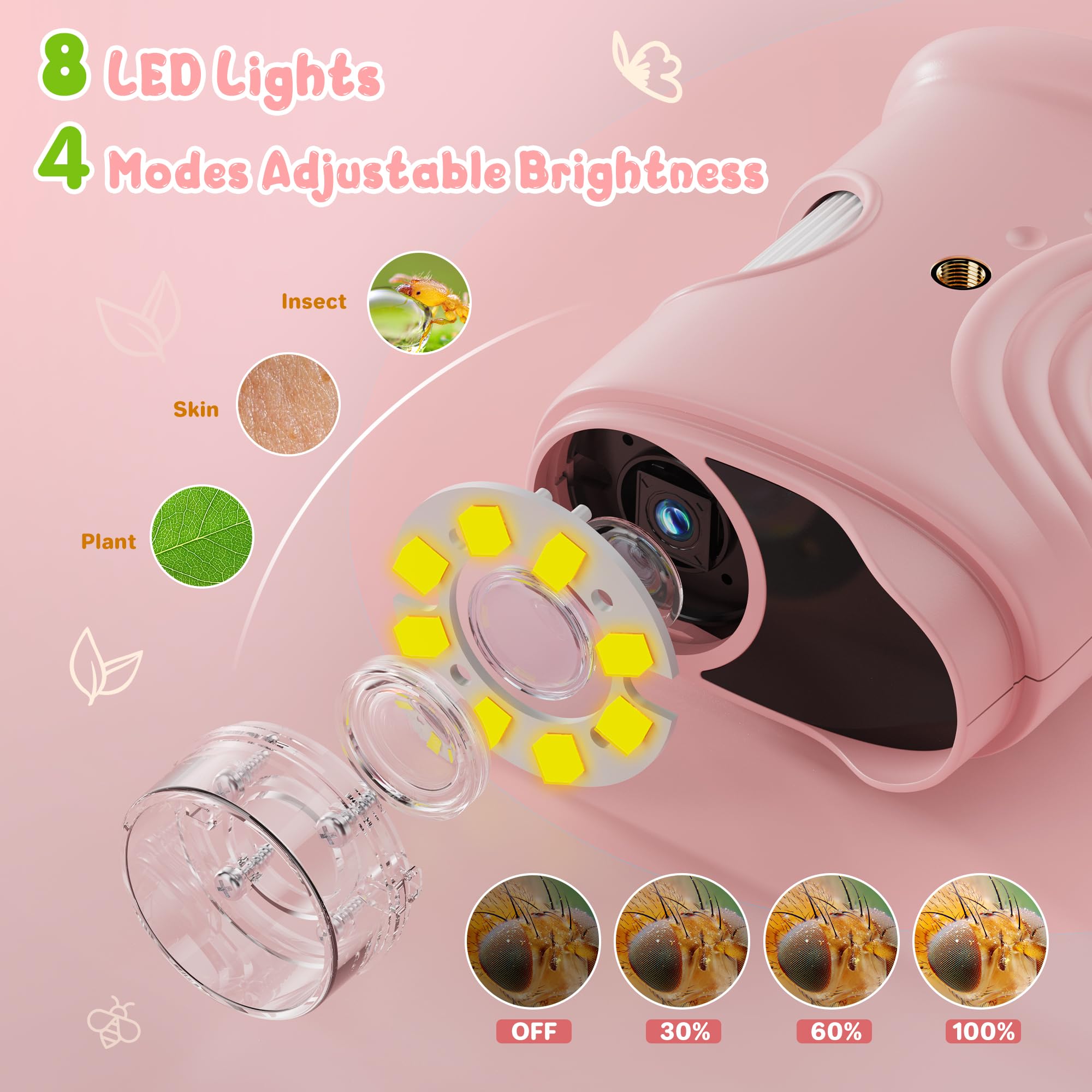 1000X Portatil Digital Microscopio Niños: Magnifying Glass para 2.0" IPS Pantalla - Regalo Original 3-8 8-12 Años Niña Infantil - Lupas Gran Aumento con Luz Rosa