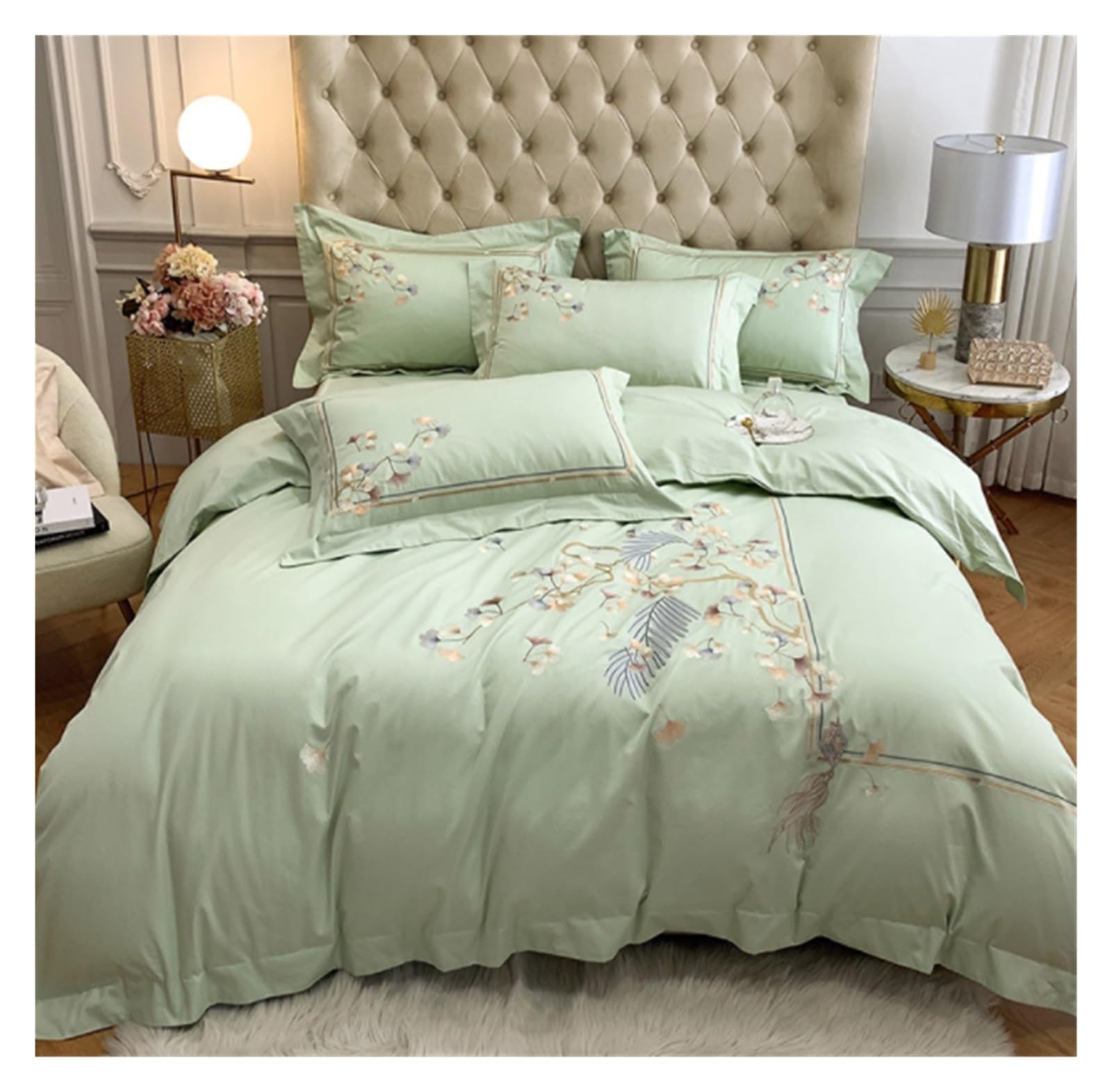 Housse couette brodée haut de gamme et parure de lit 4 pièces durable lit 2m vert