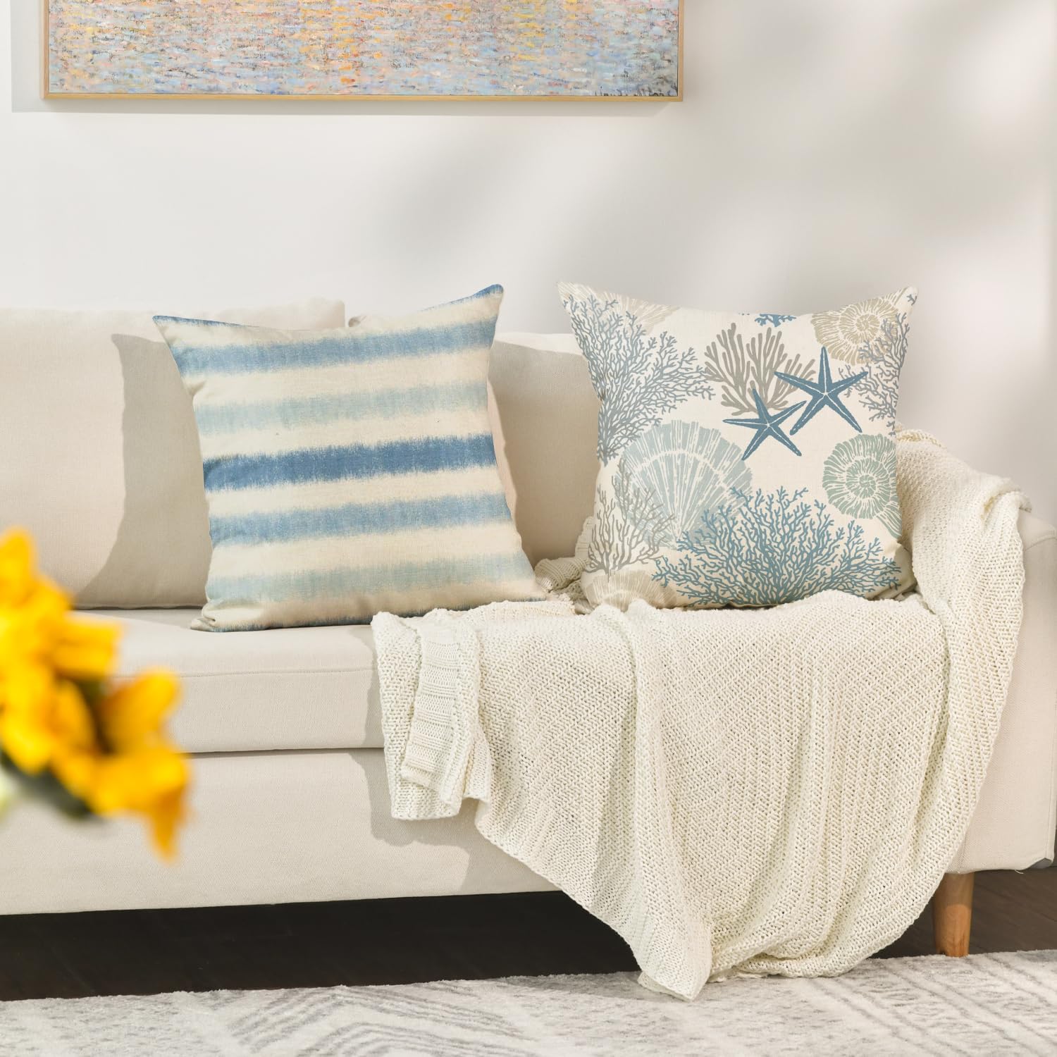 AVOIN colorlife Take Me to The Beach Summer Throw Pillow Covers, 20 x 20 Inch Blue Ocean Starfish Summer Cushion Case for Sofa Couch Set of 4 - Image 2