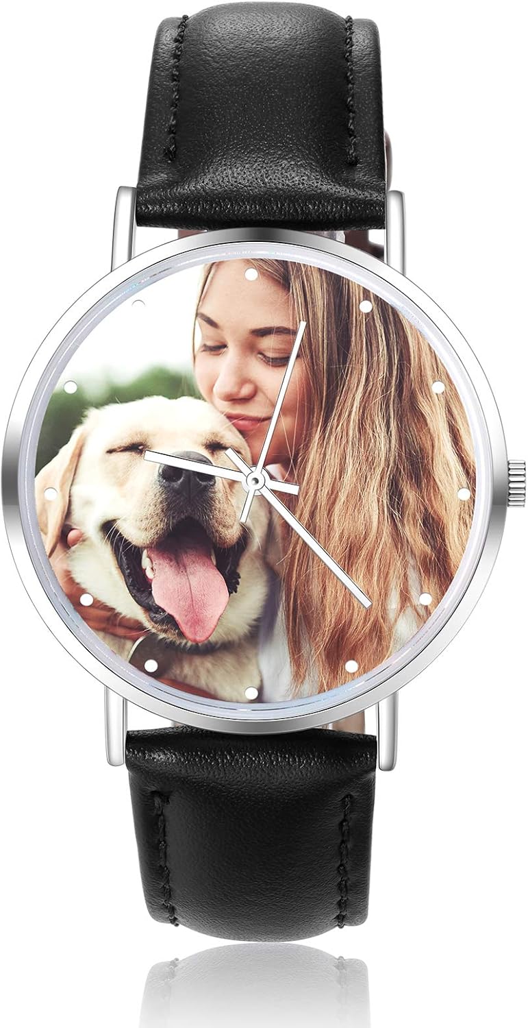 Gemszoo Personalized Picture Watch Custom Photo Watch PU Leather Strap Quartz Watch Gifts for Men Dad