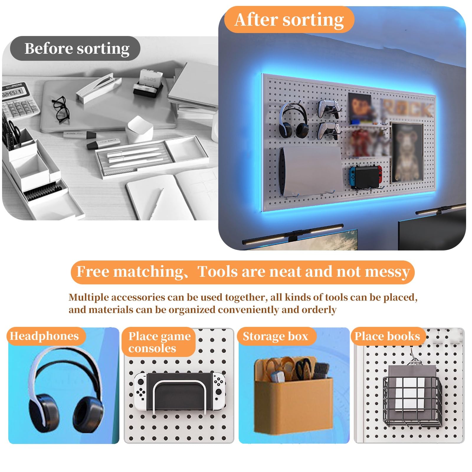 Pegboard Kit Combinazione - Gaming Station Wall Game Controller Holder e Headset Stand con Forte Capacità Portante, 100 x 100 cm