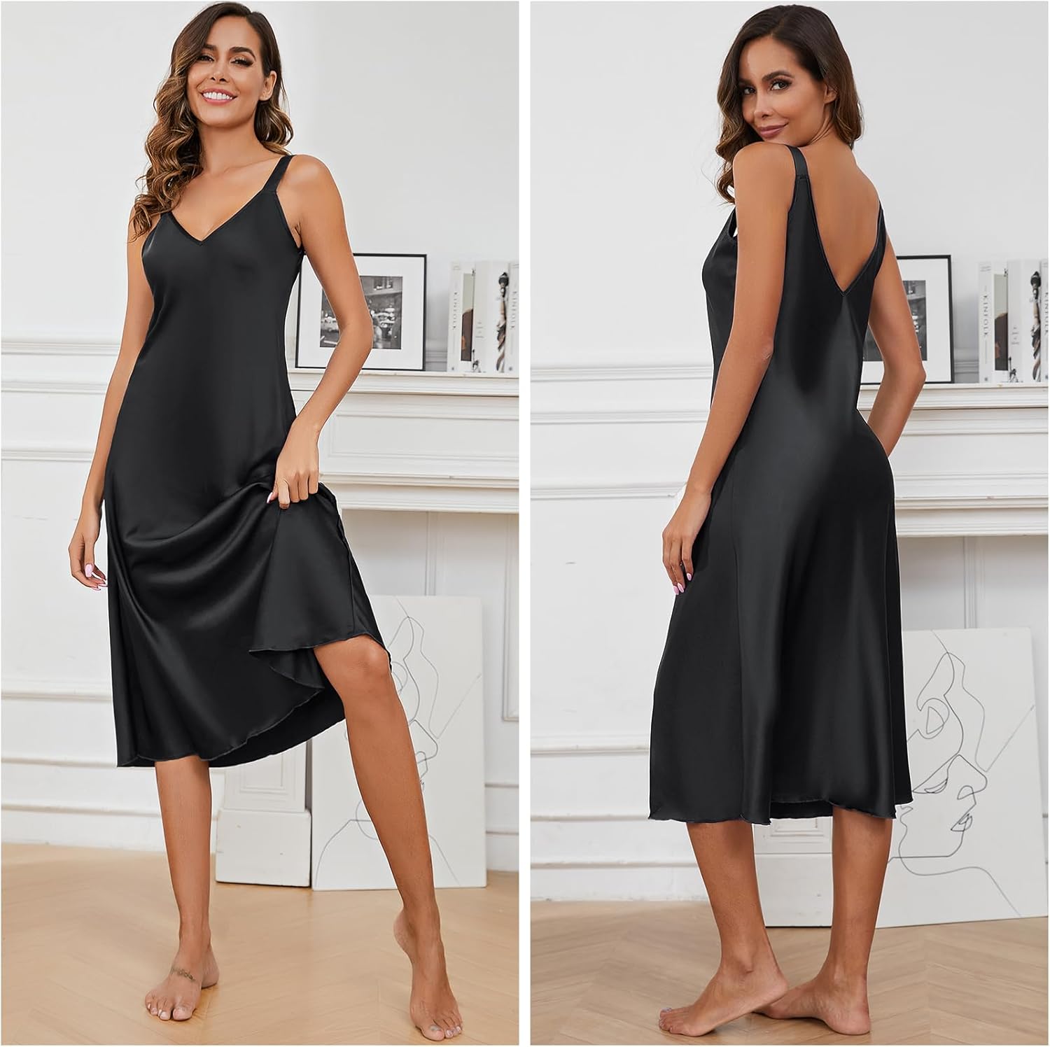 Women Long Satin Nightgown Silk Slips Dress Sexy V Neck Sleepwear Sleeveless Nightshirt Wide Strap Chemise - Image 3