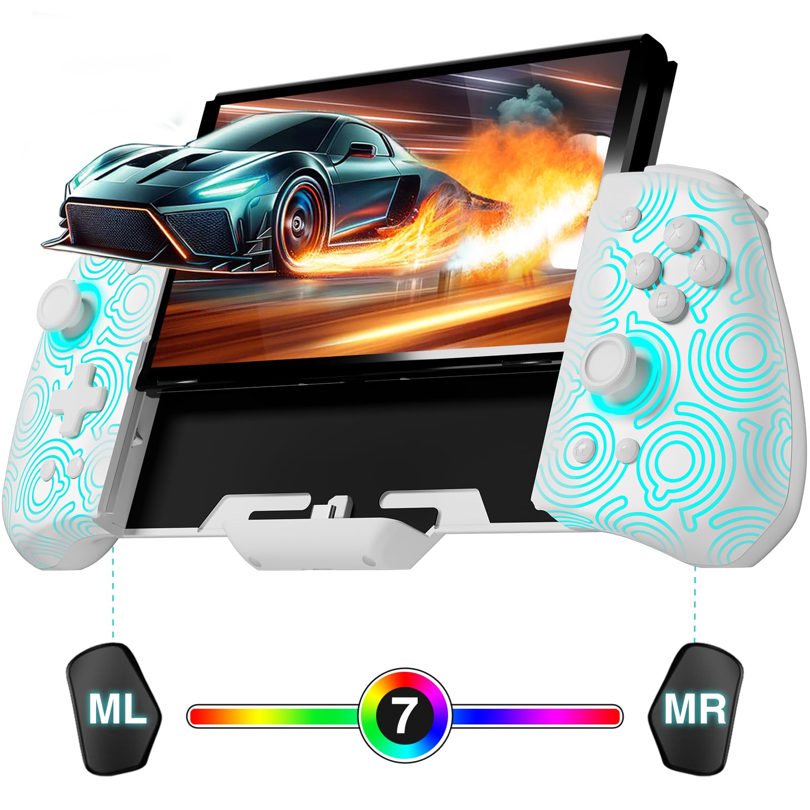 PALPOW Manette lumineuse Switch – Compatible Switch/OLED, design ergonomique, Joypad intégré, Turbo, Mapping, LED 7 couleurs – Blanc