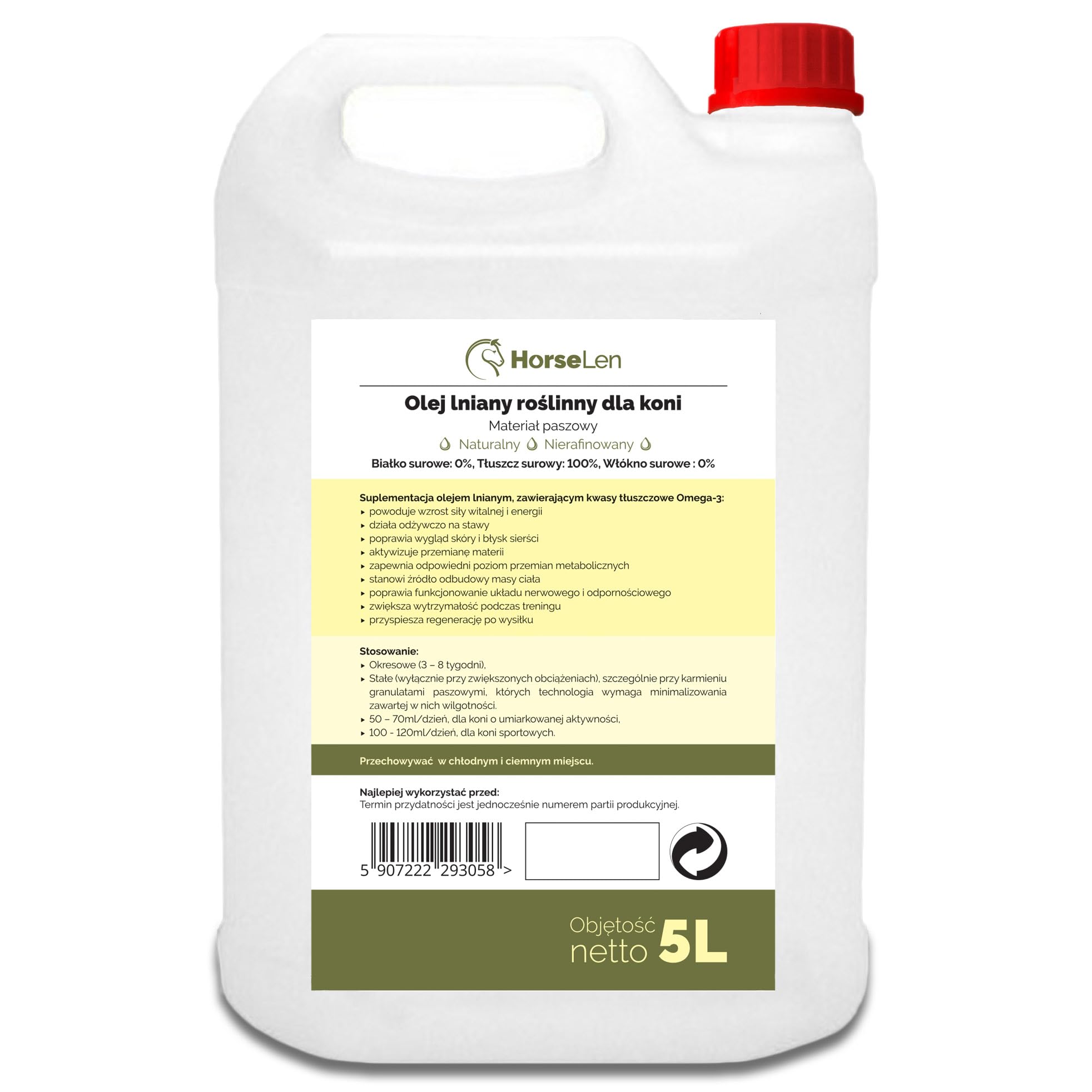 HORSELEN, Olej Lniany dla Koni, Nierafinowany, 100% Naturalny, Tłoczony na Zimno, Bogaty w Omega-3, Witaminy A, D, E, 5L + Pompka Dozująca, Dawkowanie 50-120ml/dzień