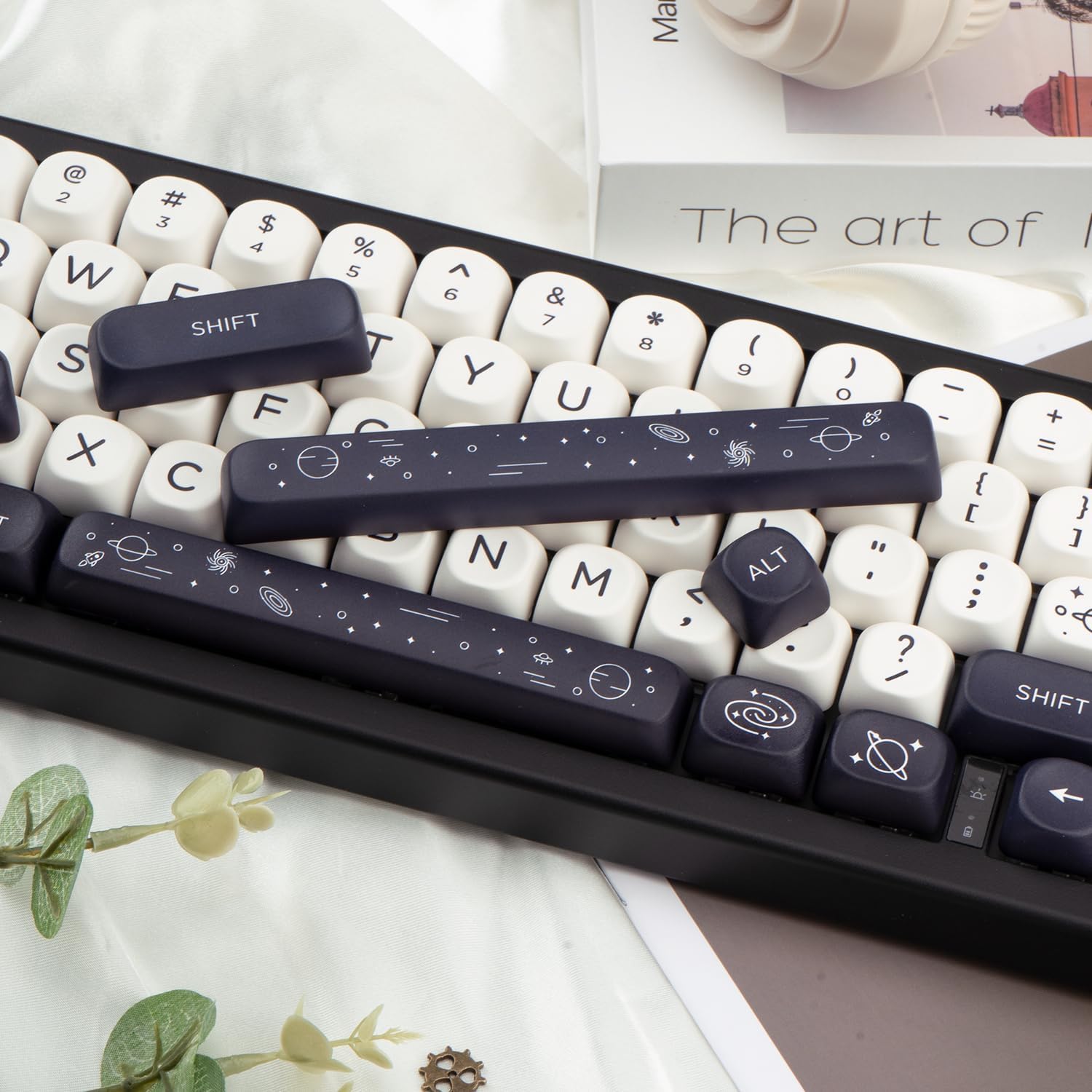 MOA Keycaps 126 Keys PBT Keycaps Dye-Sublimation Custom Keyboard Key Caps Set for Cherry Gateron MX Switches Mechanical Keyboards, Black White Space Theme Key Caps