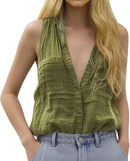 Primavera Nuevas Mujeres Casual Holgado Moda sin Mangas y Color Sólido Lino Chaleco Cuello V y Bolsillo Camiseta Deportiva Niños