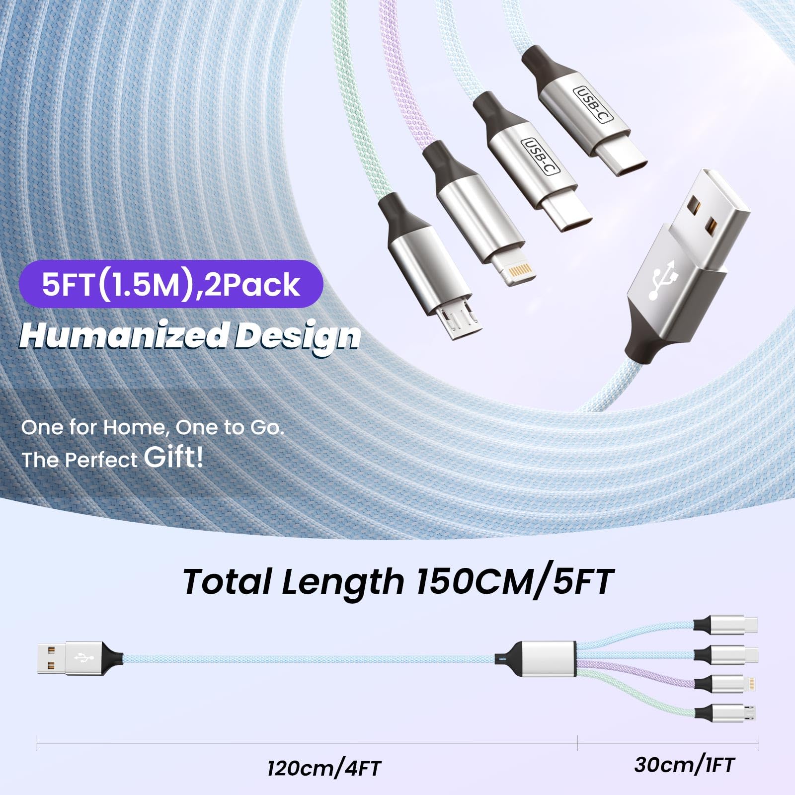 Cable de carga múltiple de dos puertos tipo C, cable USB 4 en 1, cargador de viaje para múltiples dispositivos con dos puertos tipo C/Micro/IP, [2 unidades/5 pies] esencial para todos los iPhone