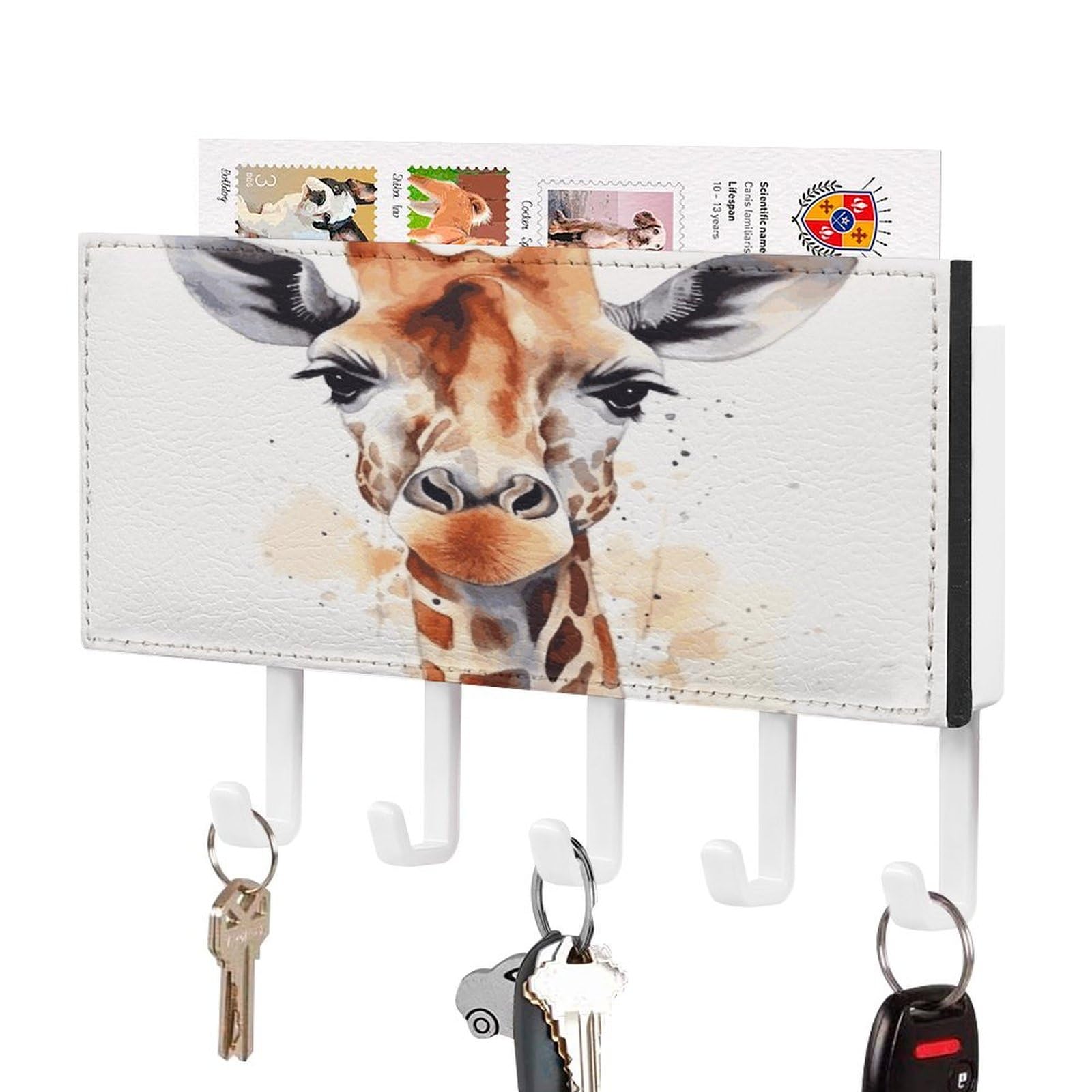 LDGSUPH Stylish Animal Watercolor Giraffe Key Holder Wall Mount Key Hanger with 5 Hooks Fashion Key Organizer Rack Hanging Key Hooks with Mail Organizer Key Rack for Home Entryway Hallway White-Style