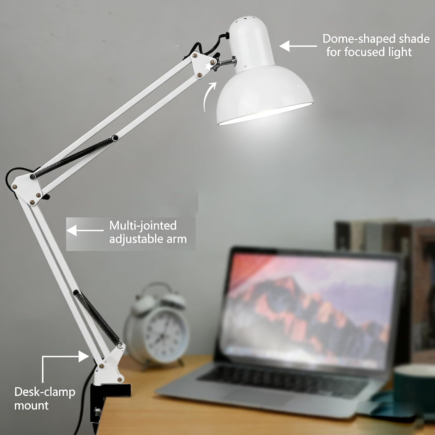 Estink Adjustable Long Arm Metal Reading Lamp, Eye Clip Desk Light for Study, Long Arm Lamp, Embroidery, Repair Work, Fast Heat Dissipation, Flexible Adjustment (White)