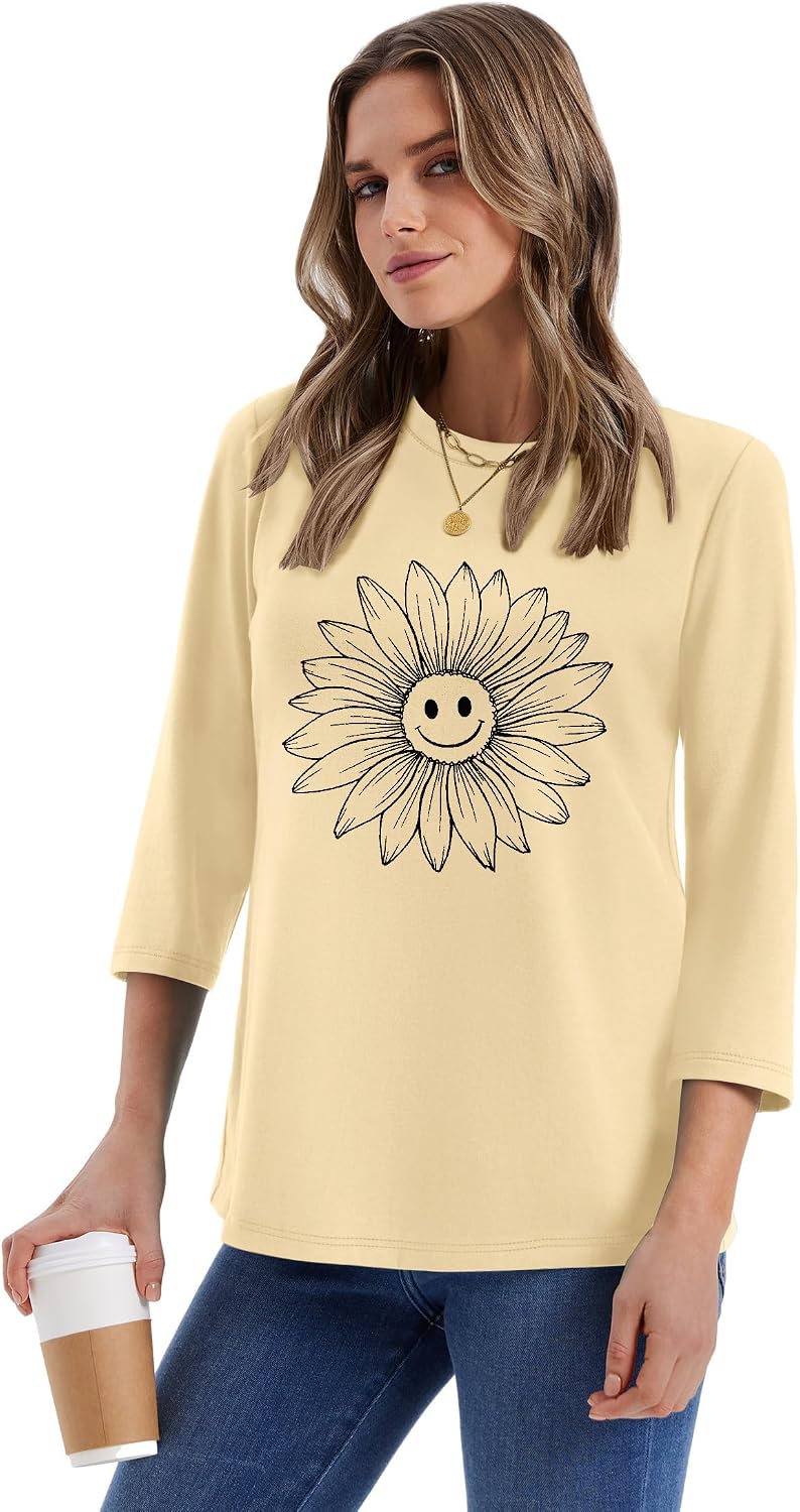WIHOLL Womens 3/4 Length Sleeve Tops Crewneck Graphic Tees Casual Tunic Tops to Wear with Leggings Fashion Clothing Outfits