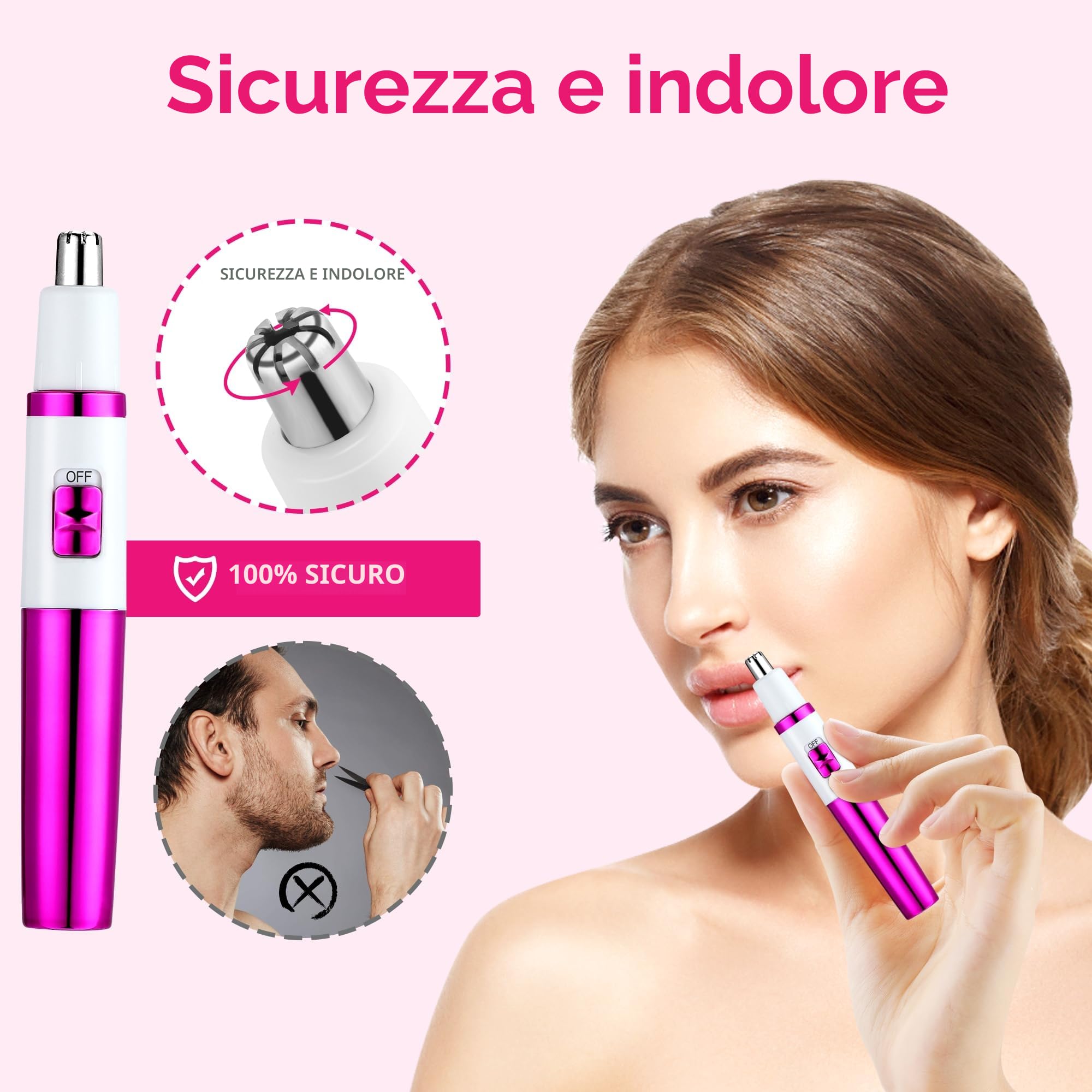 NUMIFUN Rasoio per da naso da donna, senza dolore, per orecchie e naso, per sopracciglia, orecchio, nasos, professionale, impermeabile, oro rosa