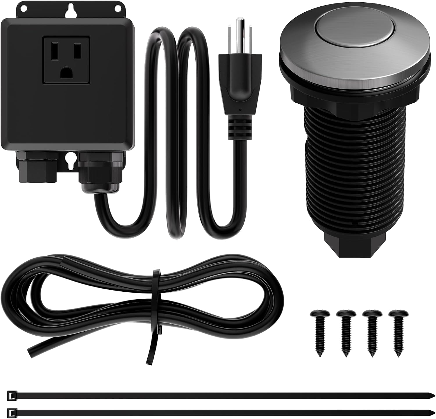 Garbage Disposal Air Switch Kit - UL Listed Sink Top Waste Disposal Push Button Switch with 3.6" Long Brass Button, 4ft Air Tube, 16A/2HP Power Module for Food Waste Disposer, Brushed Champagne