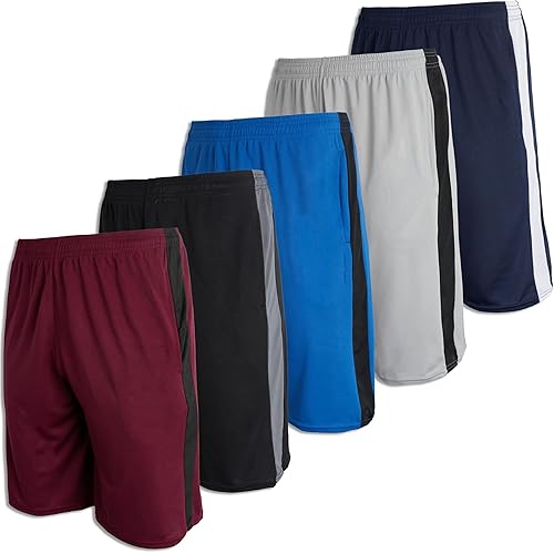 Real Essentials Boys' 5-Pack Mesh Active Athletic Performance Basketball Shorts with Pockets