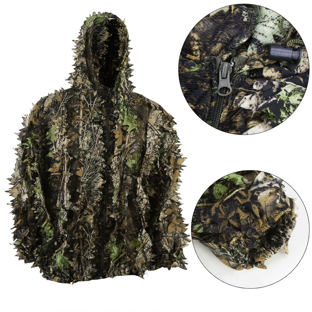 PELLOR 3D Ghillie Tarnanzug, Regenponcho Ghillie Suit Camouflagemit Tarnkleidung Geeignet zum Verstecken von Spielen, Outdoor, Jagen
