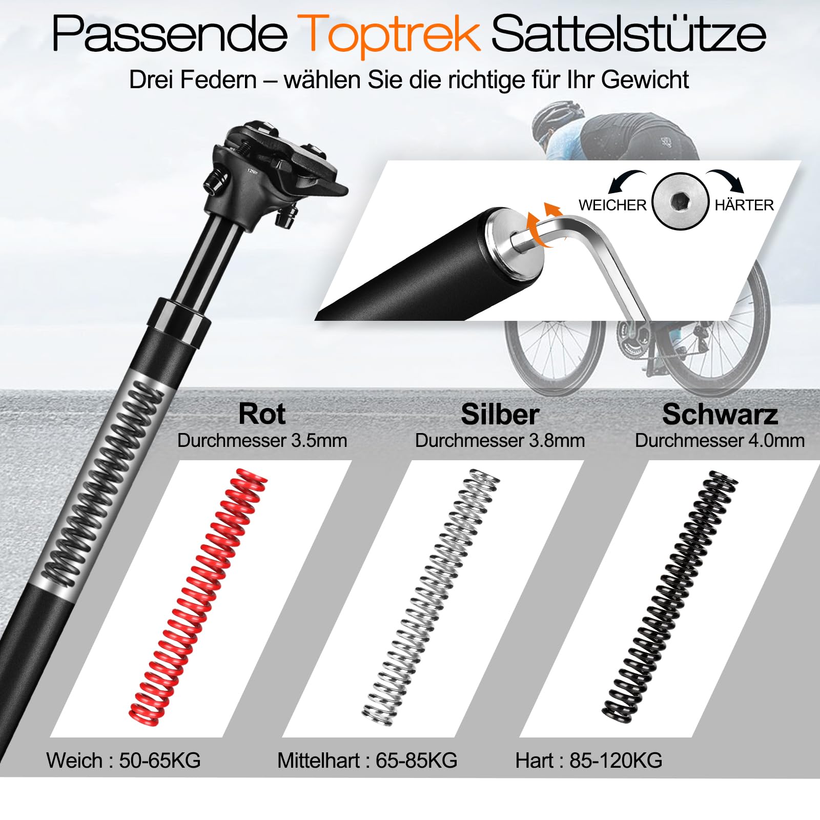 toptrek Tija de sillín con resorte de 30,9 mm, tija de sillín con 3 muelles incluidos, tija de sillín de suspensión de 50 – 120 kg, suspensión para alivio de la columna vertebral, para bicicleta de
