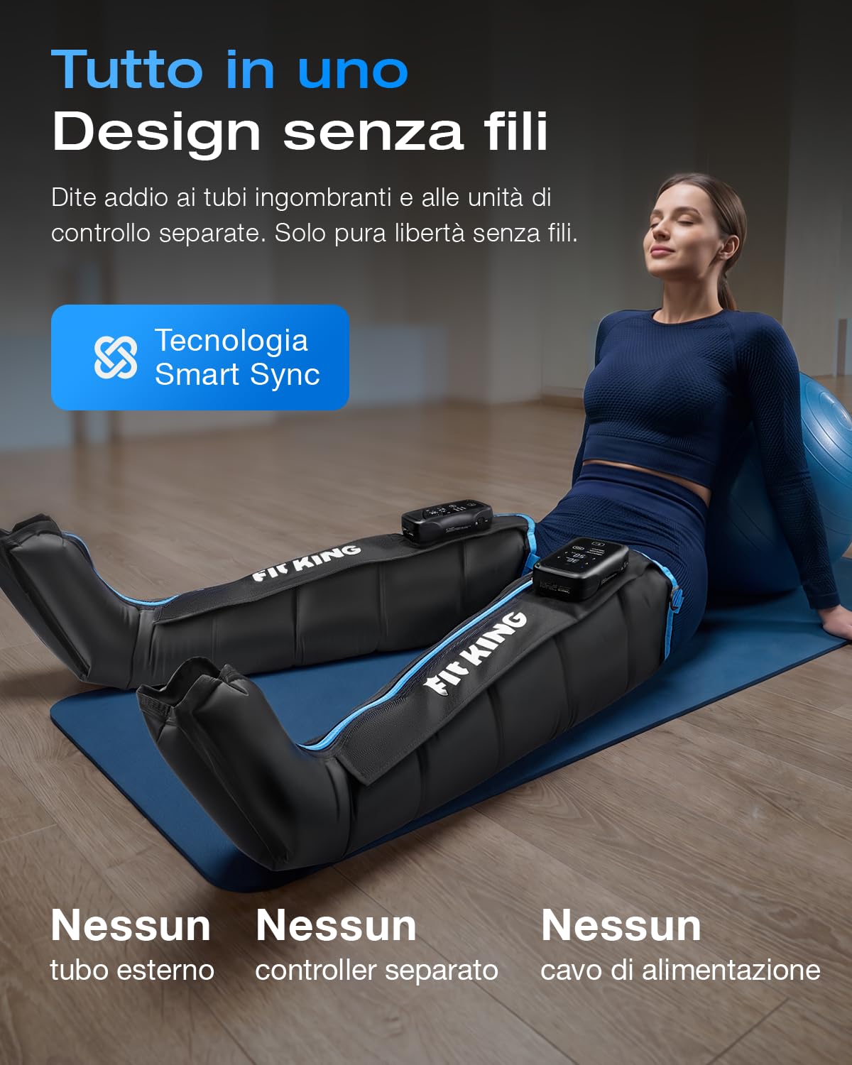 FIT KING Massaggiatore Gambe Senza Fili Sincronizzazione Bluetooth (S) | Pressoterapia Gambe 5 Zone di Compressione, Batteria 3-6h, 12 Intensità, Sollievo Dall’edema, Riduzione dei Dolori Muscolari