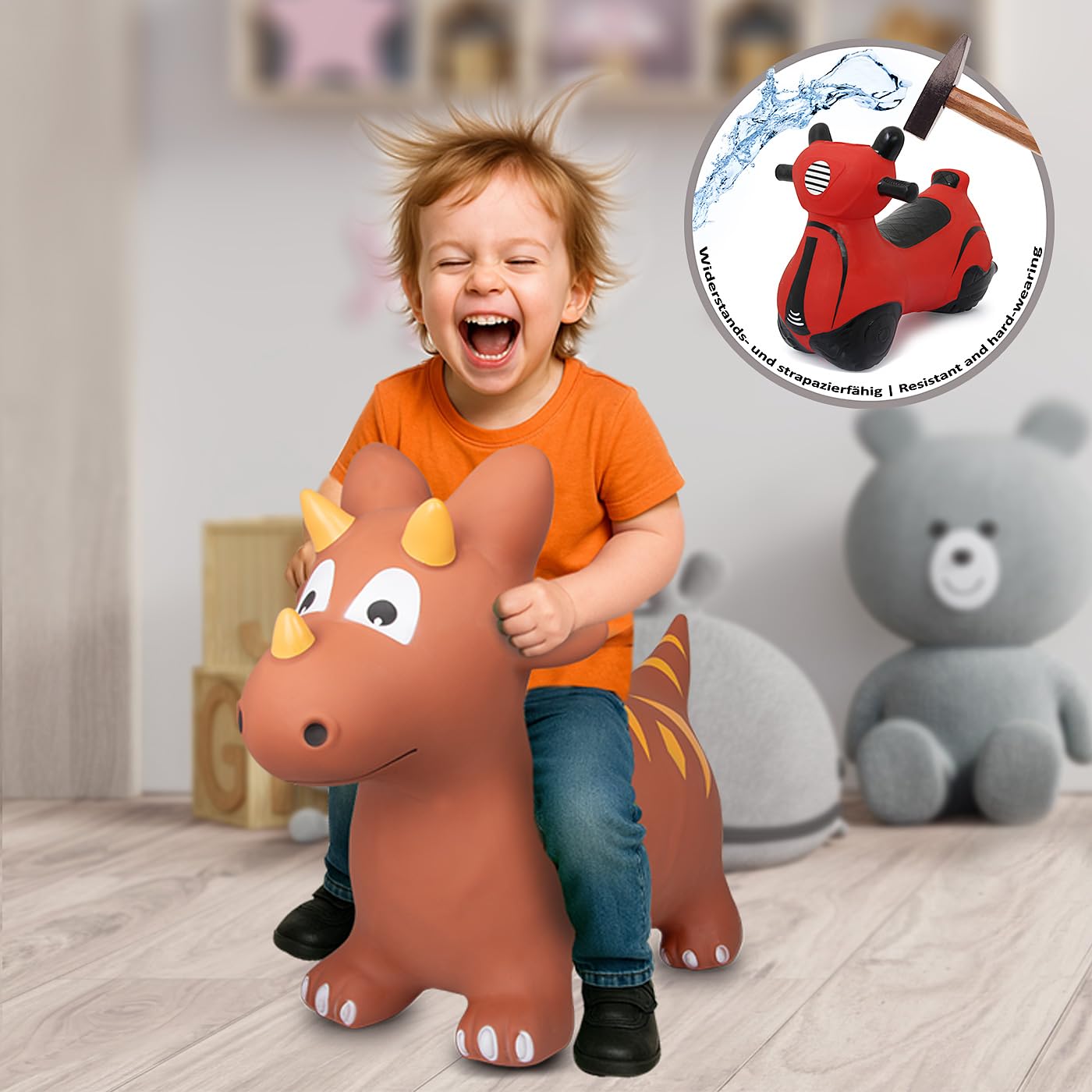 JAMARA 460591 - Dino z pompką, nie zawiera BPA, do 50 kg, wspomaga zmysł równowagi i zdolności motoryczne, uszy zwierząt służą jako trzymanie, wytrzymałe i wytrzymałe, łatwe w utrzymaniu