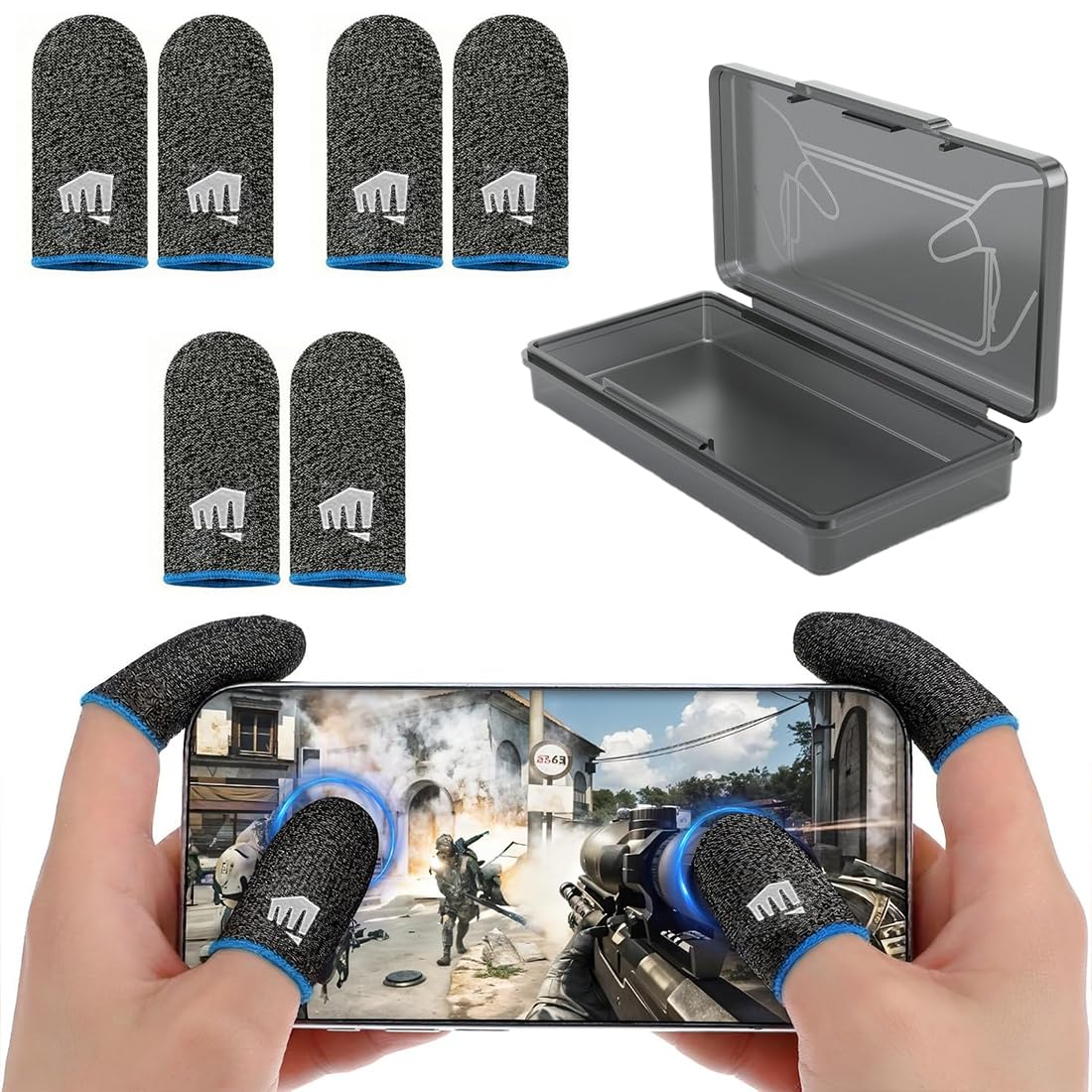 3 paire doigtiers de jeu et 1 boîte, étui de jeu mobile, gants pour écran tactile résistants à la transpiration, adaptés aux doigts pour les jeux sur écran tactile, doigtiers de jeu, jeux sur