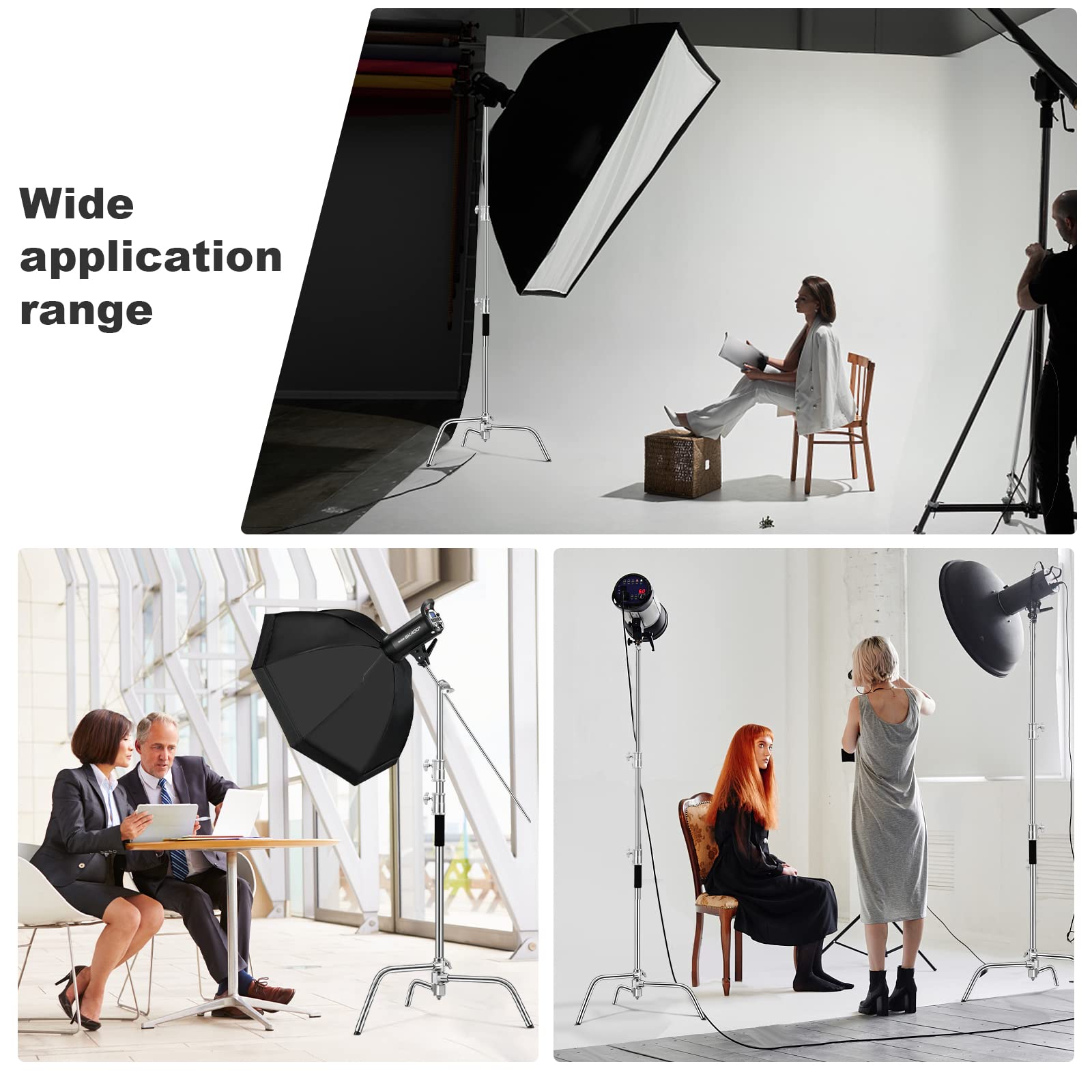 SOONPHO 2-Pack C Stand 100% Acciaio Inossidabile Heavy Duty Supporto a C Fotografia Light Stand C-Stand con 130cm braccio di supporto Kit,testa Grip,clip per Godox AD200 Pro SK400 Aputure(Argento)
