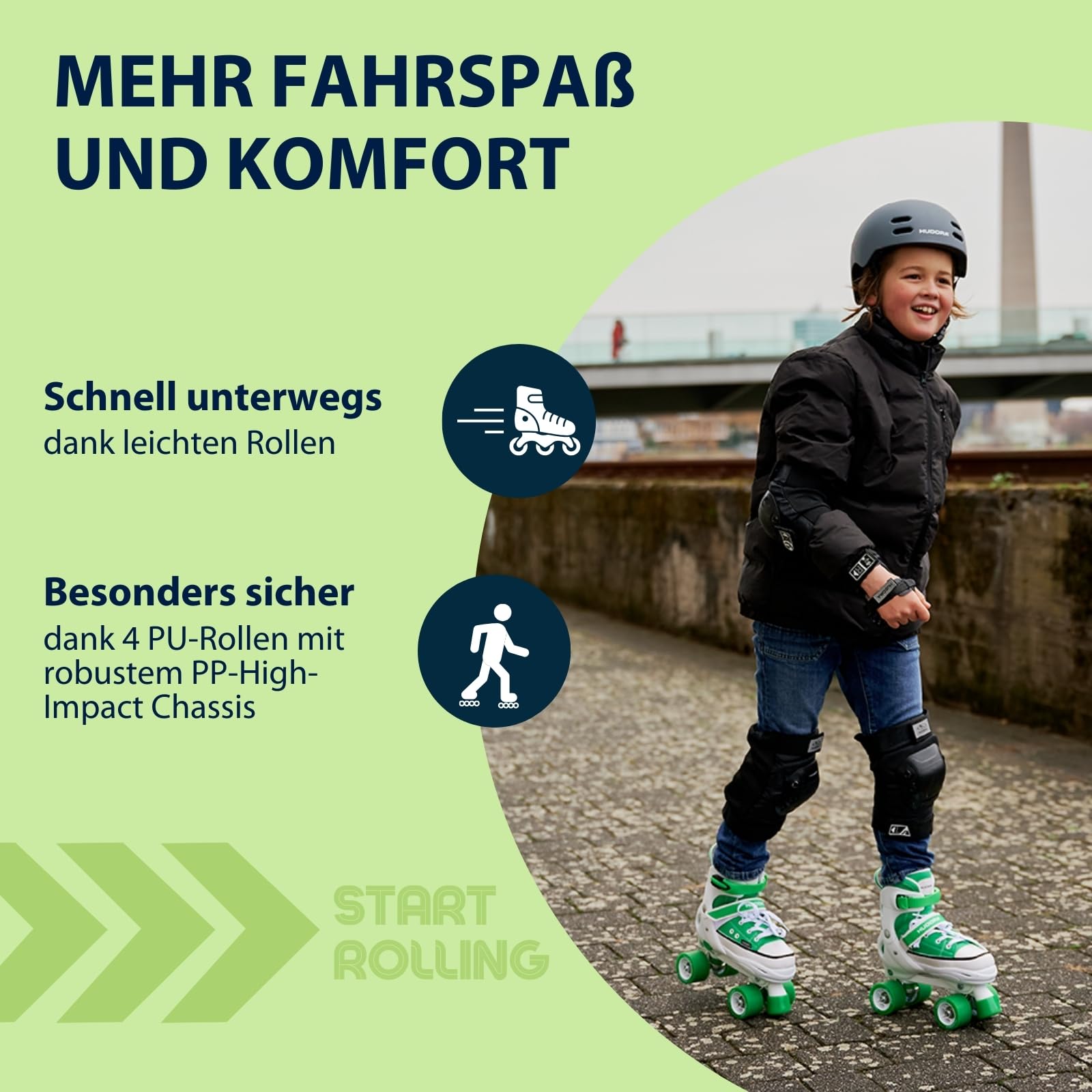 HUDORA Roller Skates Sneaker in versch. Farben & Größen - Kinder Rollschuhe über 4 Größen verstellbar - Rollschuhe für Kinder & Jugendliche - Roller Schuhe mit 4 austauschbaren Innensohlen