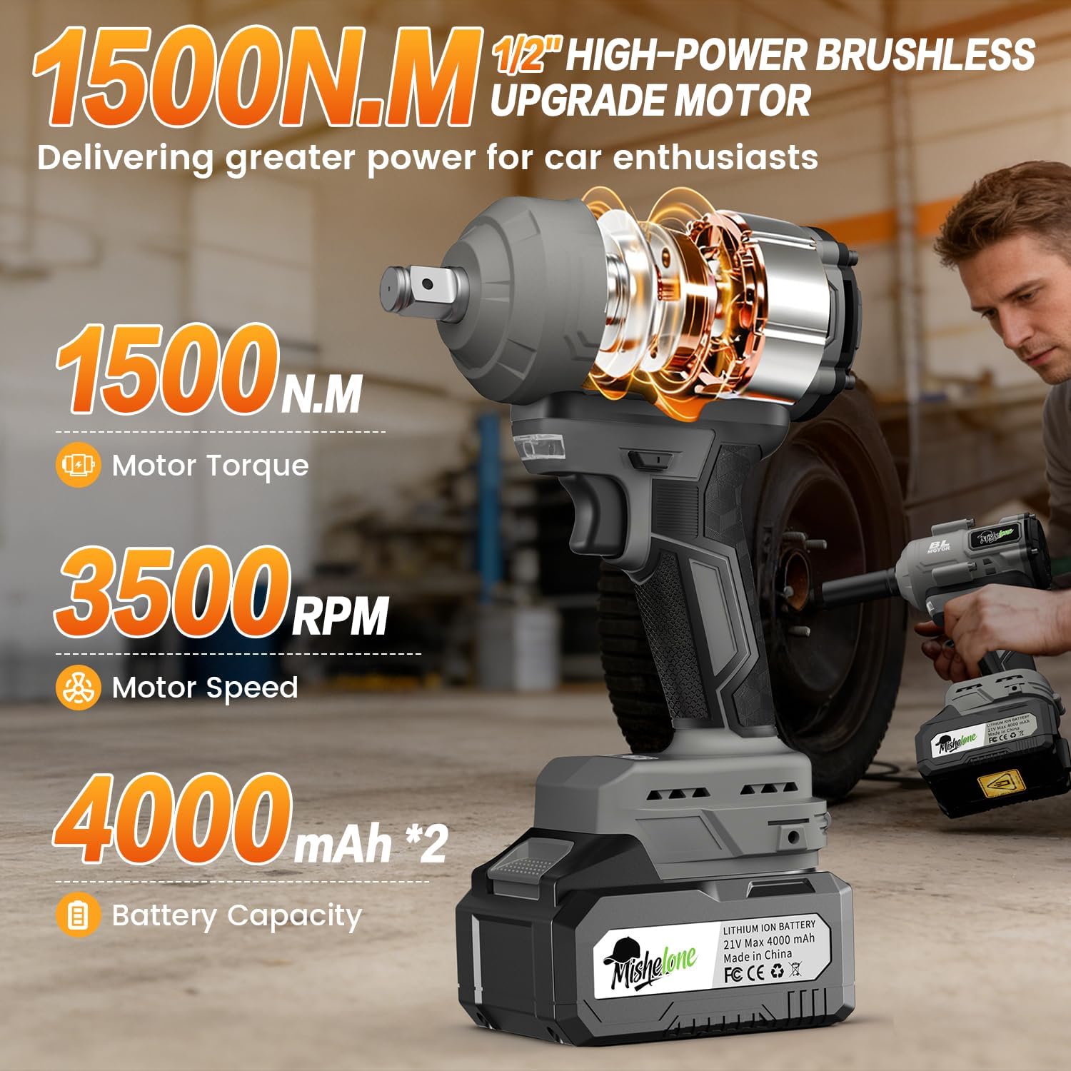 1/2 Cordless Impact Wrench, pistola de impacto 1/2, 21V Brushless 1500N.m/1106ft-lbs High Torque Impact Wrench, Dual 4.0Ah Battery Powered Impact Wrench with 5 Sockets, for Car Tire/Lug Nuts