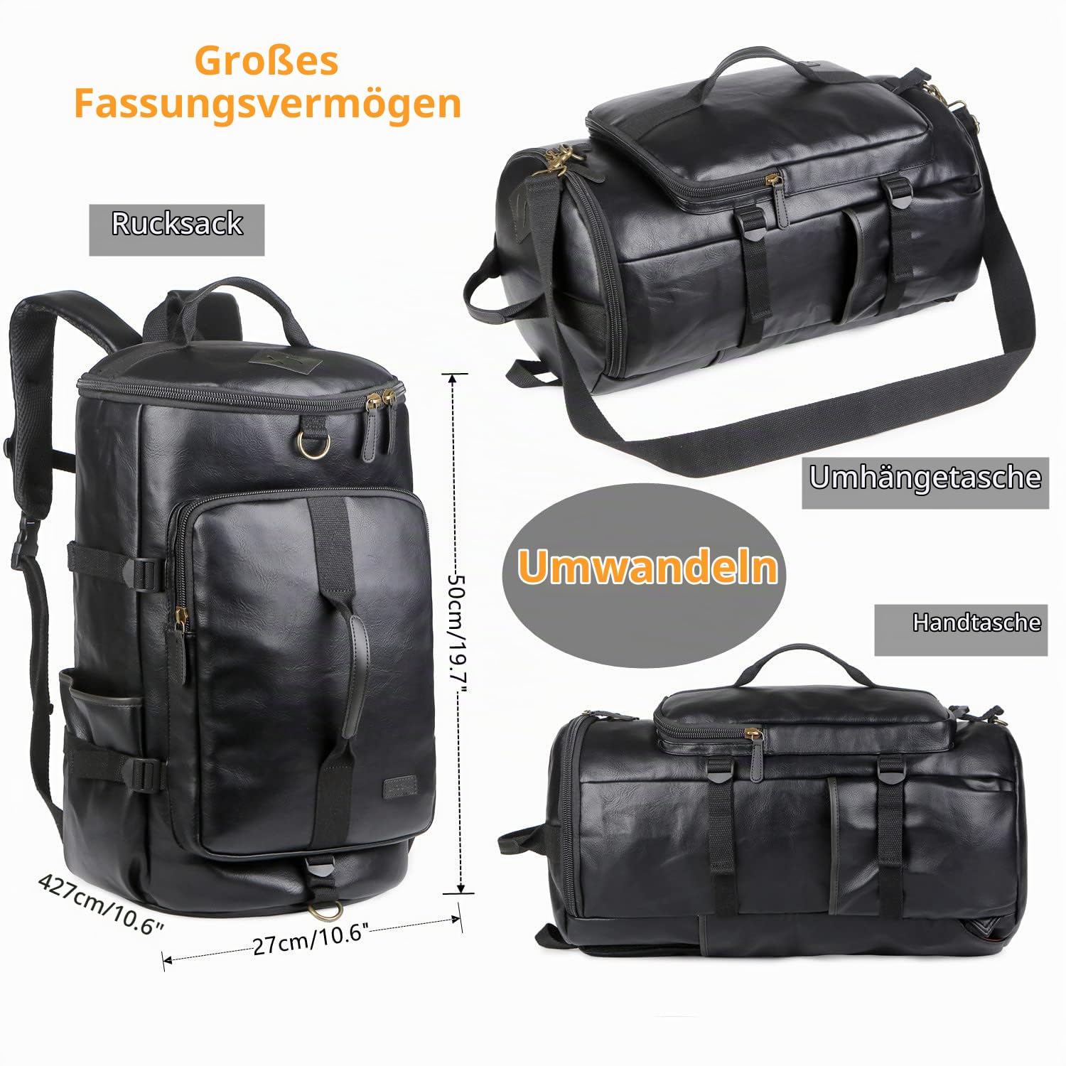 Baosha HB-26 3-Ways Herren Rucksäcke Handgepäck Schultertasche Convertible PU Leder Reisetasche Wanderrucksäcke Sporttasche Travel Duffel Bag Weekender Tasche (Schwarz)