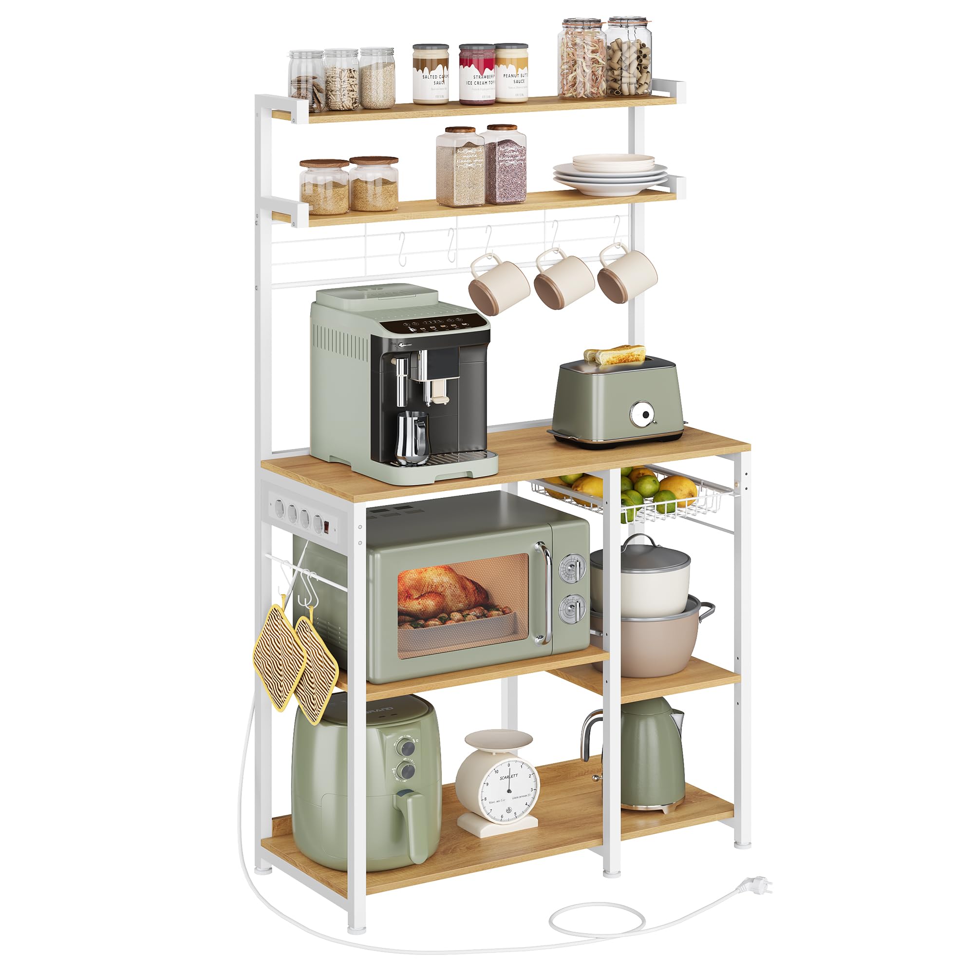 VASAGLE Estantería de Cocina con Enchufes, Estantería de Panadería, Barra de Café, 8 Ganchos en S, Cesta, Especiero, 40 x 90 x 165,5 cm, Roble Dorado y Blanco Nube KKS031Y19