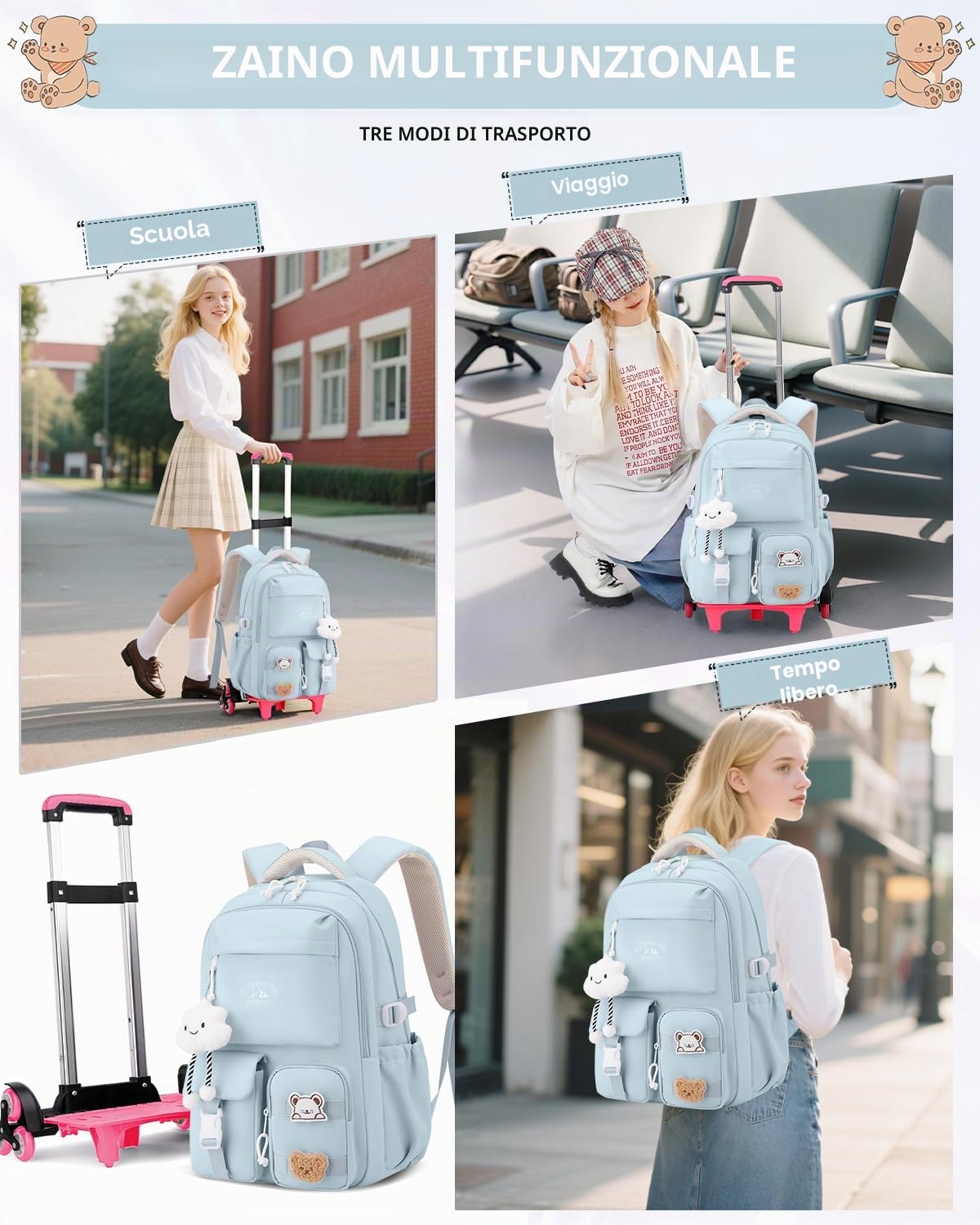 Tanou Zaino Trolley Scuola Elementare e Media | Zaini con Ruote da 30L per Ragazze Adolescenti, Zaino Rotelle Bambina Staccabile da Viaggio, Blu