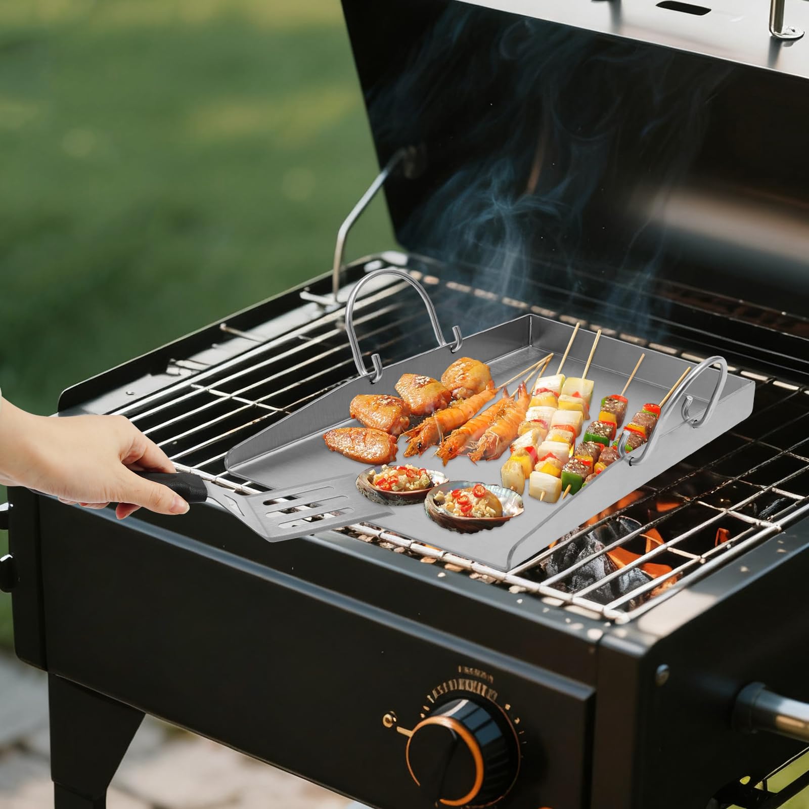 Plancha, piastra in acciaio inox con 2 spatole e manici rimovibili, piastra per barbecue a gas e a carbonella, tappetino per barbecue antiruggine, accessorio per barbecue da esterno per campeggio e