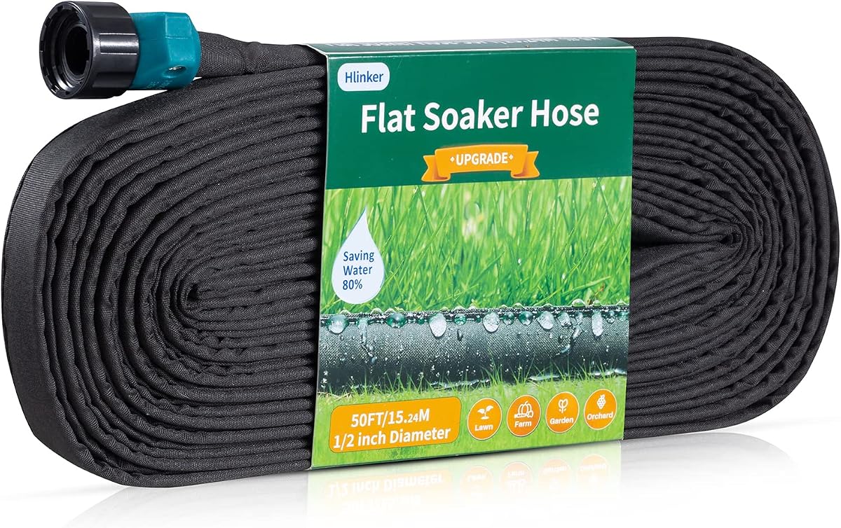 Hlinker Manguera plana de remojo 50 pies para camas de jardín, 50 pies 1/2"Manguera de riego por goteo consistente enlazable Ahorre 80% de agua, manguera de rociador de doble capa resistente a fugas