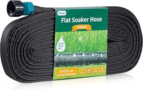 Hlinker Flat Soaker Hose 50FT 1/2 Inch Linkable Drip Irrigation Hose for Garden Beds and Vegetables Hlinker Flat Soaker Hose 50FT 1/2 Inch Linkable Drip Irrigation Hose for Garden Beds and Vegetables