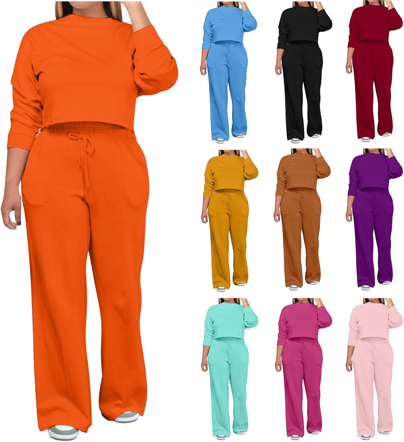 HGps8w Women Solid Color Sweatsuit Casual 2 Piece Outfits Pullover Cropped Sweatshirts & Wide Leg Pants Tracksuit Sets