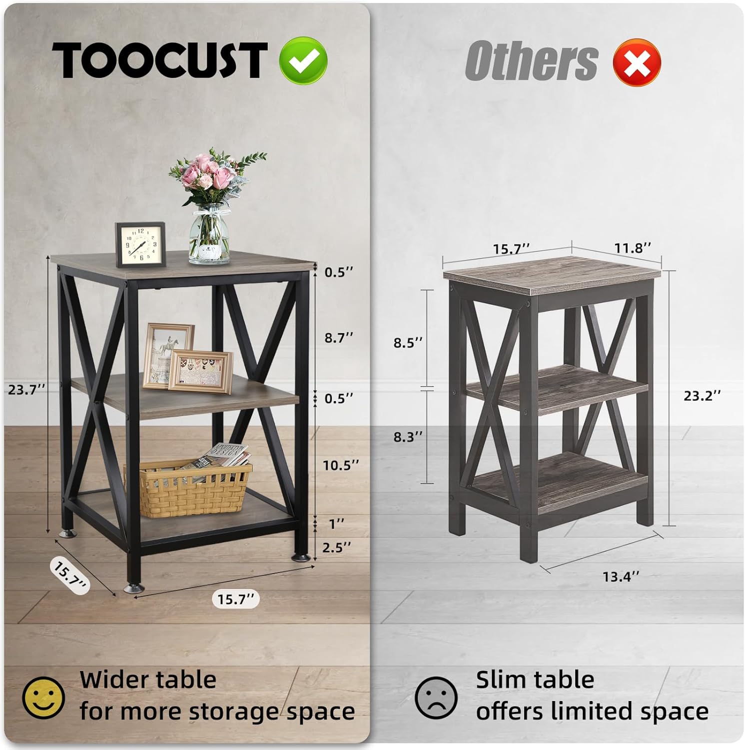 End Tables Living Room Set of 2, 16" D x 16" W x 24" H, Indoor End Tables Living Room with Storage Shelf, Square End Table Set of 2, X-Shaped Night Stands for Bedroom, Farmhouse Wood Side Tables