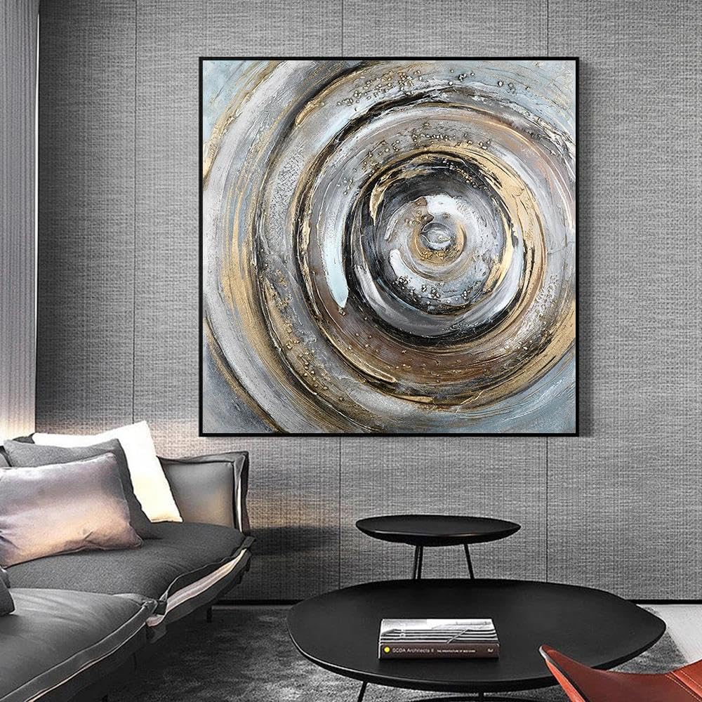 LIUYUYOUGO Abstract Wall Art Grey And Golden Foil Vortex Oil Paintings On Canvas 100% Hand Painted Circular Artwork Painting Modern Luxury Wall Decor For Living Room Office 60X60Cm(24X24Inch)